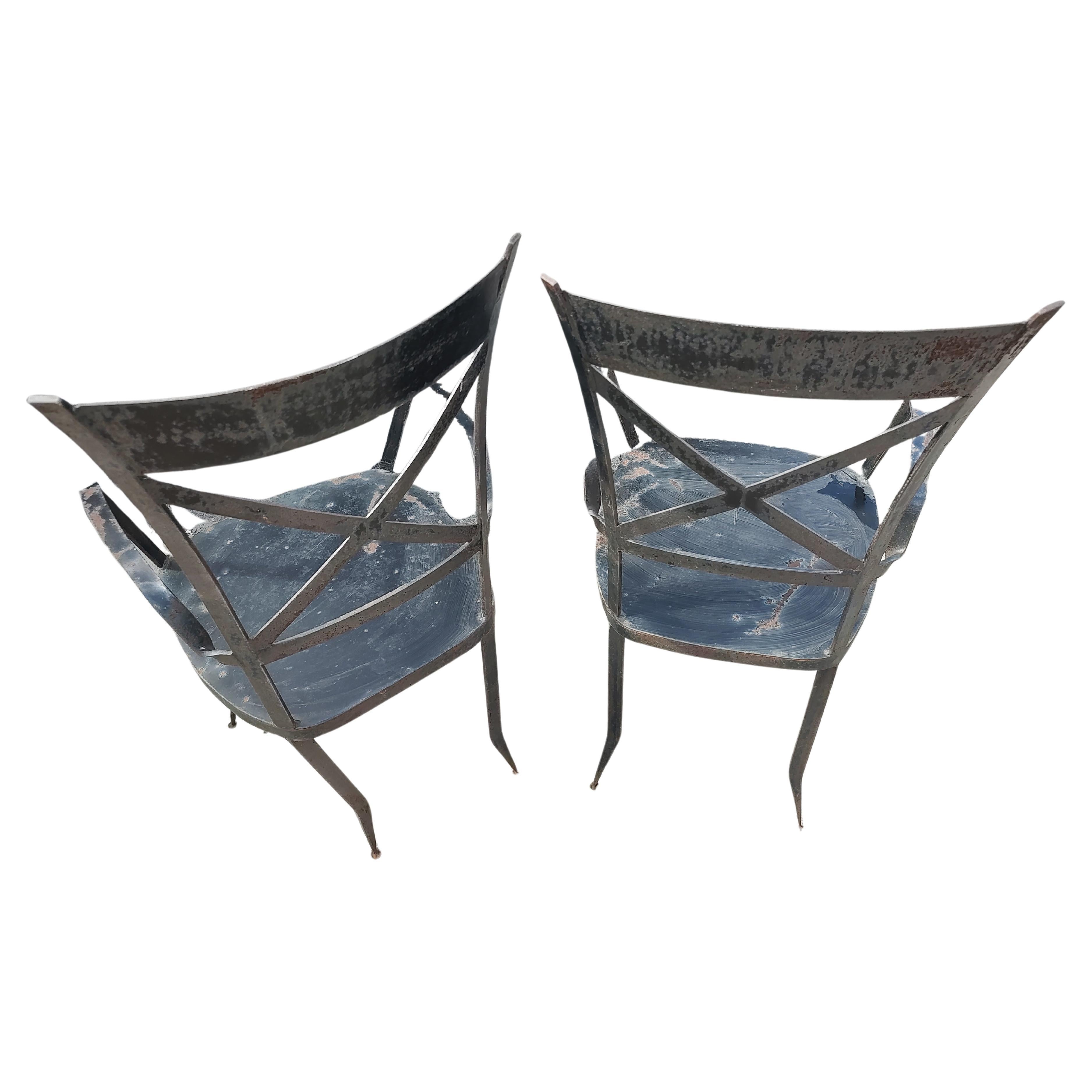 French Pair of Heavy Duty High Quality Iron Modern Sculptural Garden Patio Armchairs   For Sale
