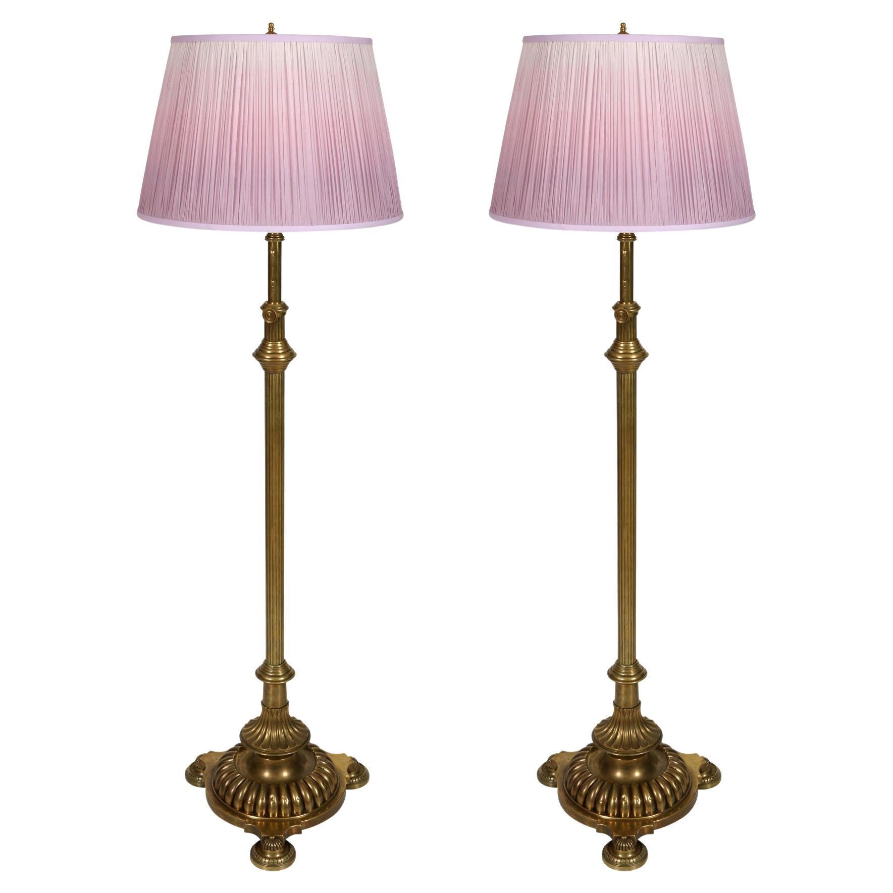 Pair of Heavy English Brass Telescoping Floor Lamps For Sale