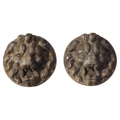 Pair of Heavy French Cast Iron Lion Building Ornaments, Circa 1900