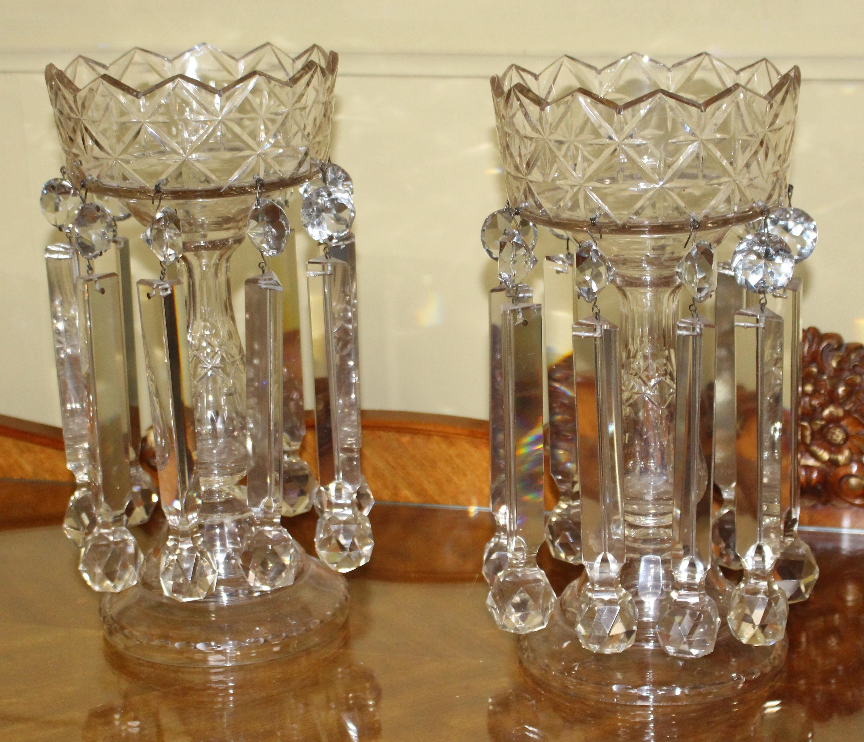 Pair of heavy Georgian cut glass Lustres


English, early 19th century

Cut glass crystal

Measures: Height: 34 cm / 13 1/2 in

Offered in very good condition commensurate with age. One or two minor nibbles to lustres
 

Lovely quality