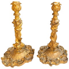 Pair of Heavy Gilt Bronze Candlesticks Having Shell and Dolphin Accents