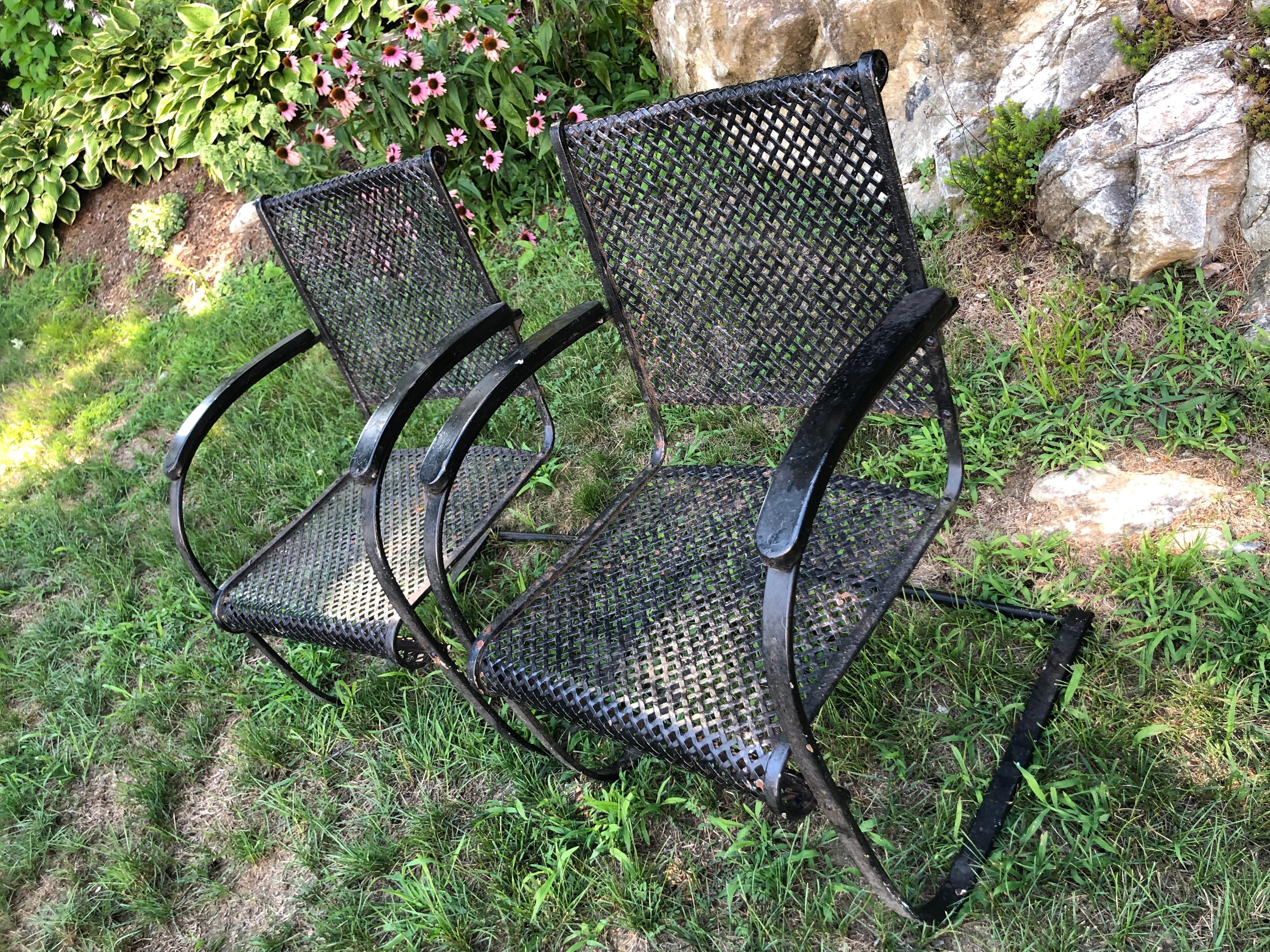 North American Pair of Heavy Iron Cantilever Garden Chairs from the 1930s