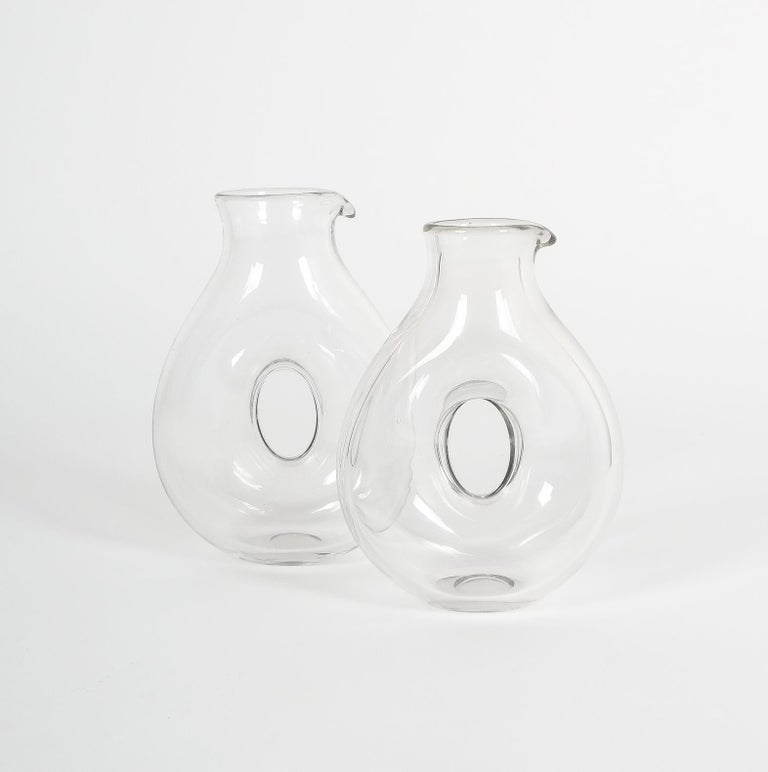Pair of Heavy Midcentury Loop Glass Pitchers at 1stDibs
