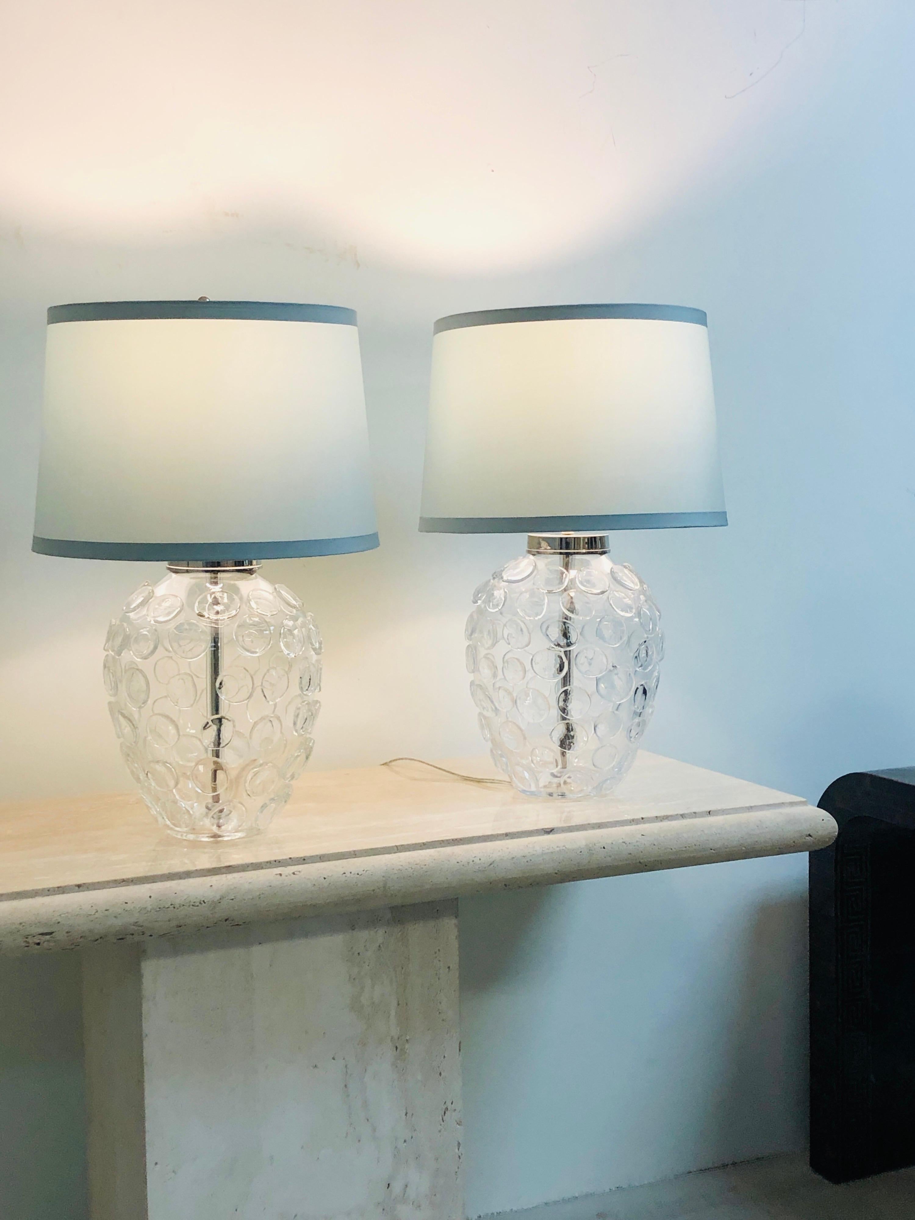 A pair of high end glass lamps by Vaughan. Glass bodies with applied glass dots, nickel hardware. 26