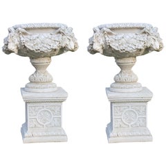 Pair of Heavy Ram's Head Garden Urns on Pedestals