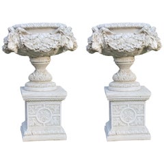 Vintage Pair of Heavy Ram's Head Garden Urns on Pedestals