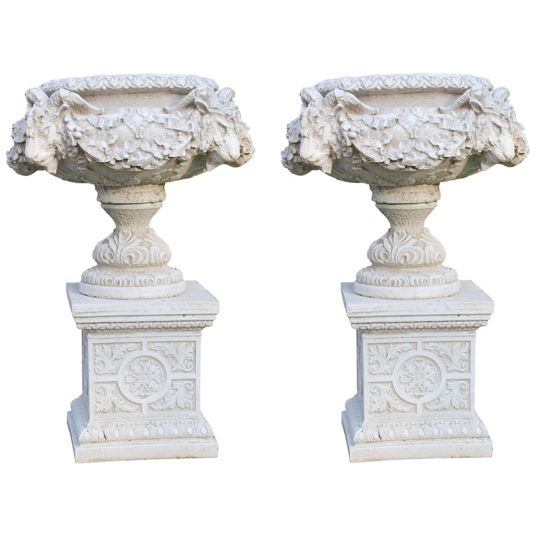 Pair of Heavy Ram's Head Garden Urns on Pedestals For Sale at 1stDibs