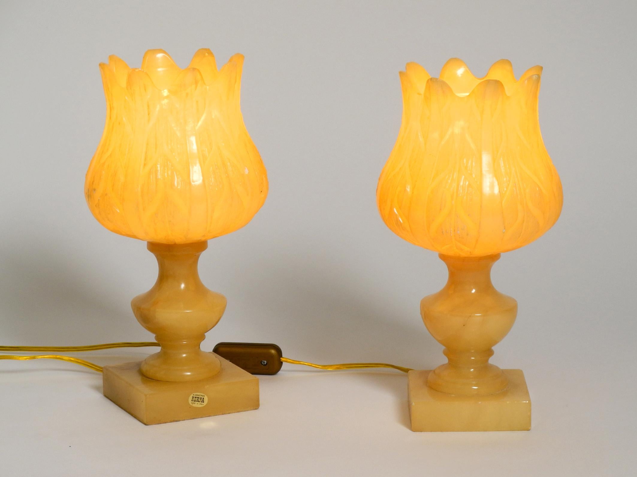 Mid-Century Modern Pair of Heavy Rare 60s Alabaster Table Lamps in Yellow from Spain