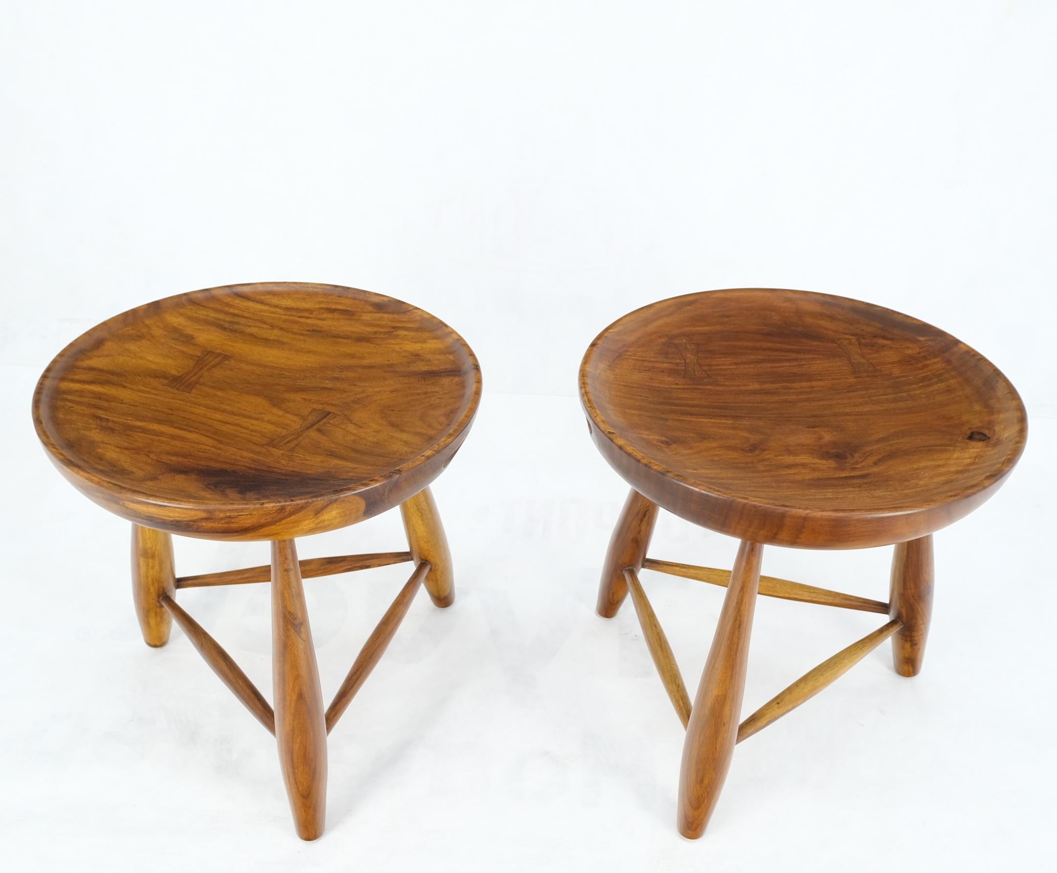 Pair of Heavy Solid Teak Dowel Leg Carved Concave Seat Benches Stools 4