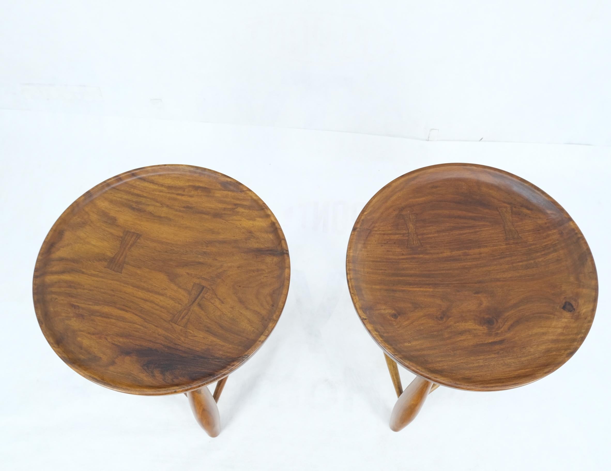 Pair of Heavy Solid Teak Dowel Leg Carved Concave Seat Benches Stools 6