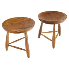Pair of Heavy Solid Teak Dowel Leg Carved Concave Seat Benches Stools