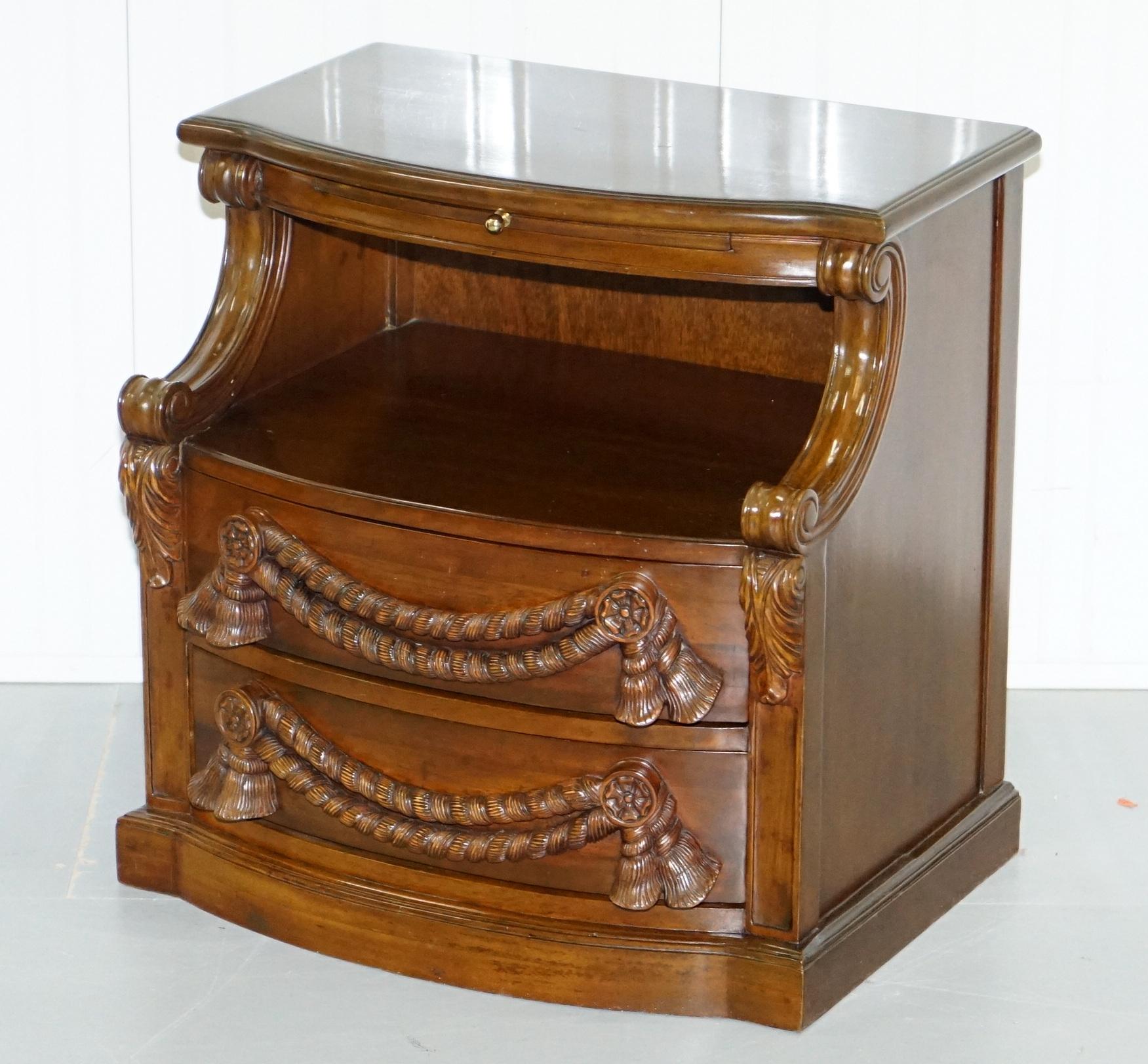 We are delighted to offer for sale this stunning pair of heavy solid wood side table or bedside table drawers with butlers serving trays

A good looking and well-made pair, they have a nice ornate rope twist design on the front, two drawers to the