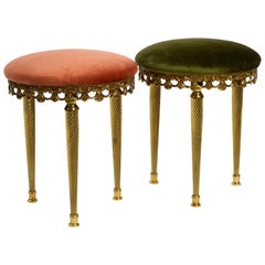 Pair of Heavy Unused 1970s Brass Stools with Velvet Cover by Orsenigo Furniture 