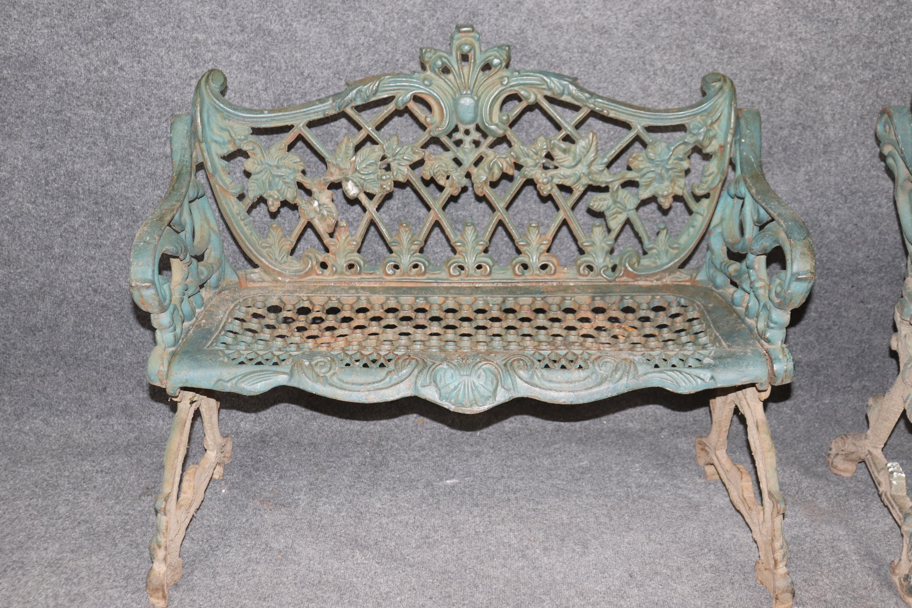 American Pair of Heavy Verdigris Finished Cast Iron South Carolina Style Garden Benches