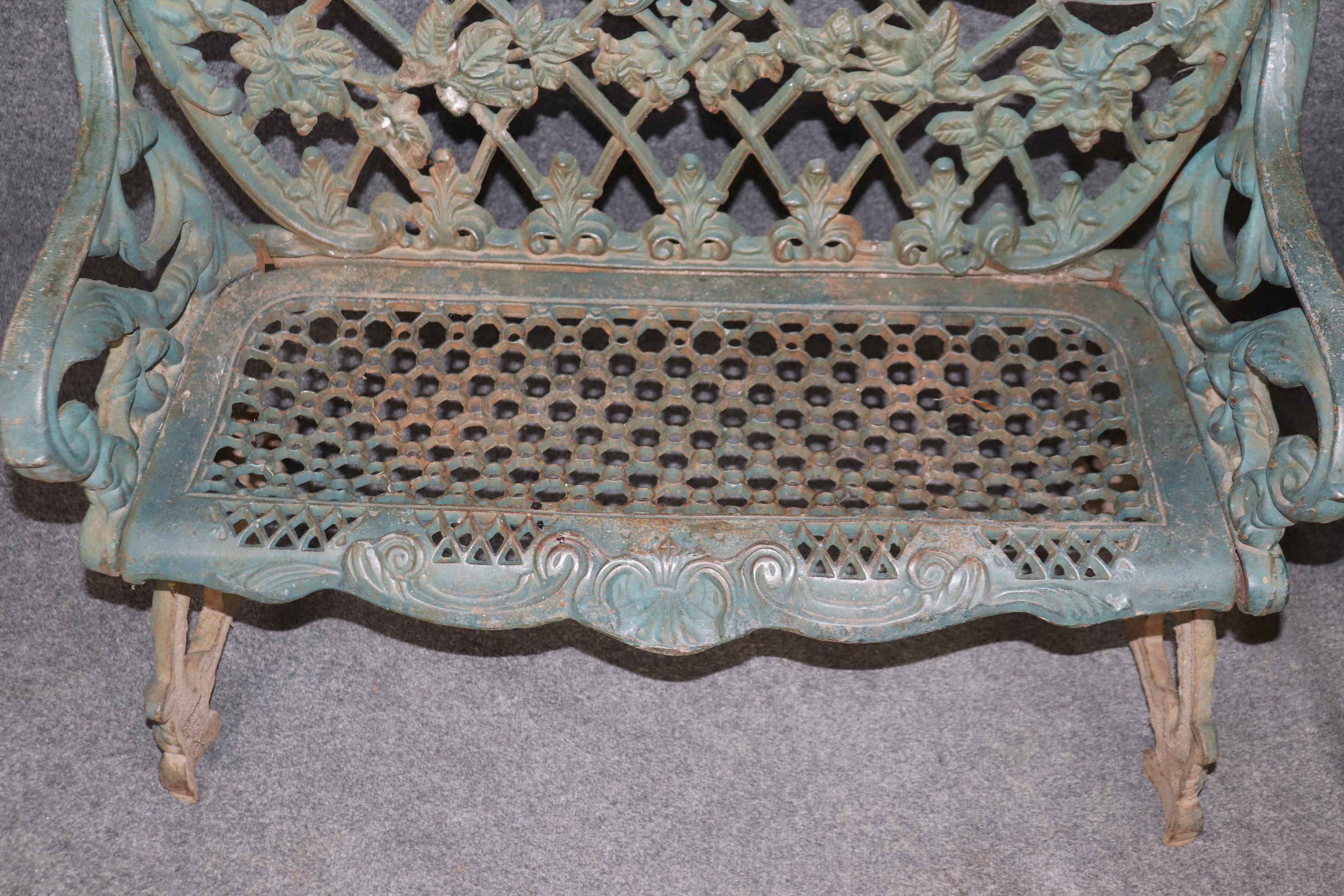 Mid-20th Century Pair of Heavy Verdigris Finished Cast Iron South Carolina Style Garden Benches