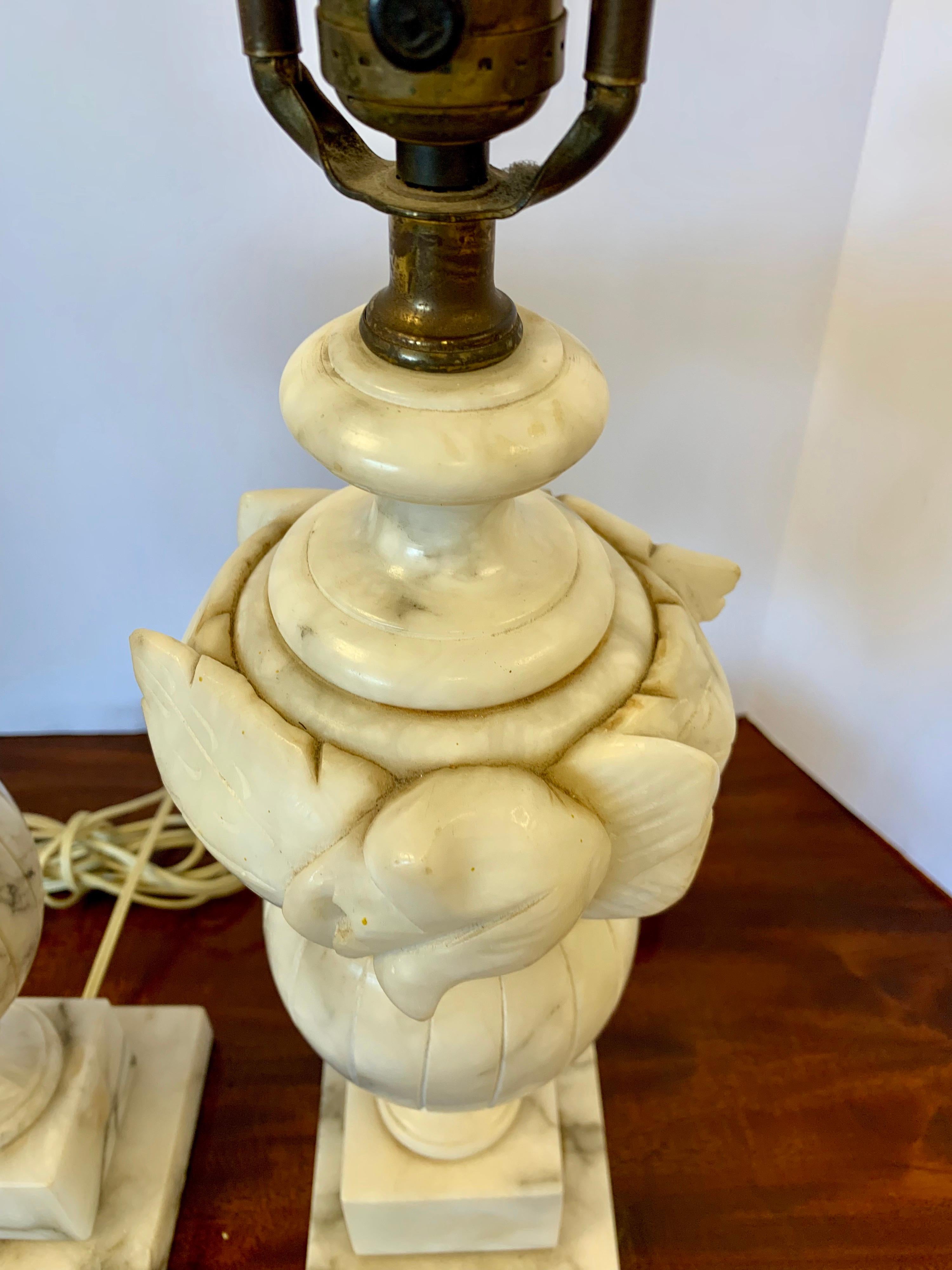 Pair of  Heavy Vintage Alabaster Lamps In Good Condition In West Hartford, CT