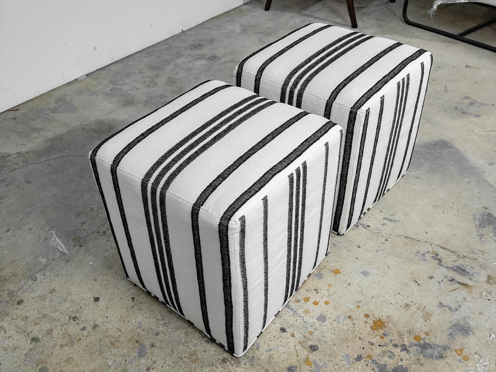 Pair of Heavy Weight Grain Sack Cloth Fabric Cube Ottomans For Sale 1