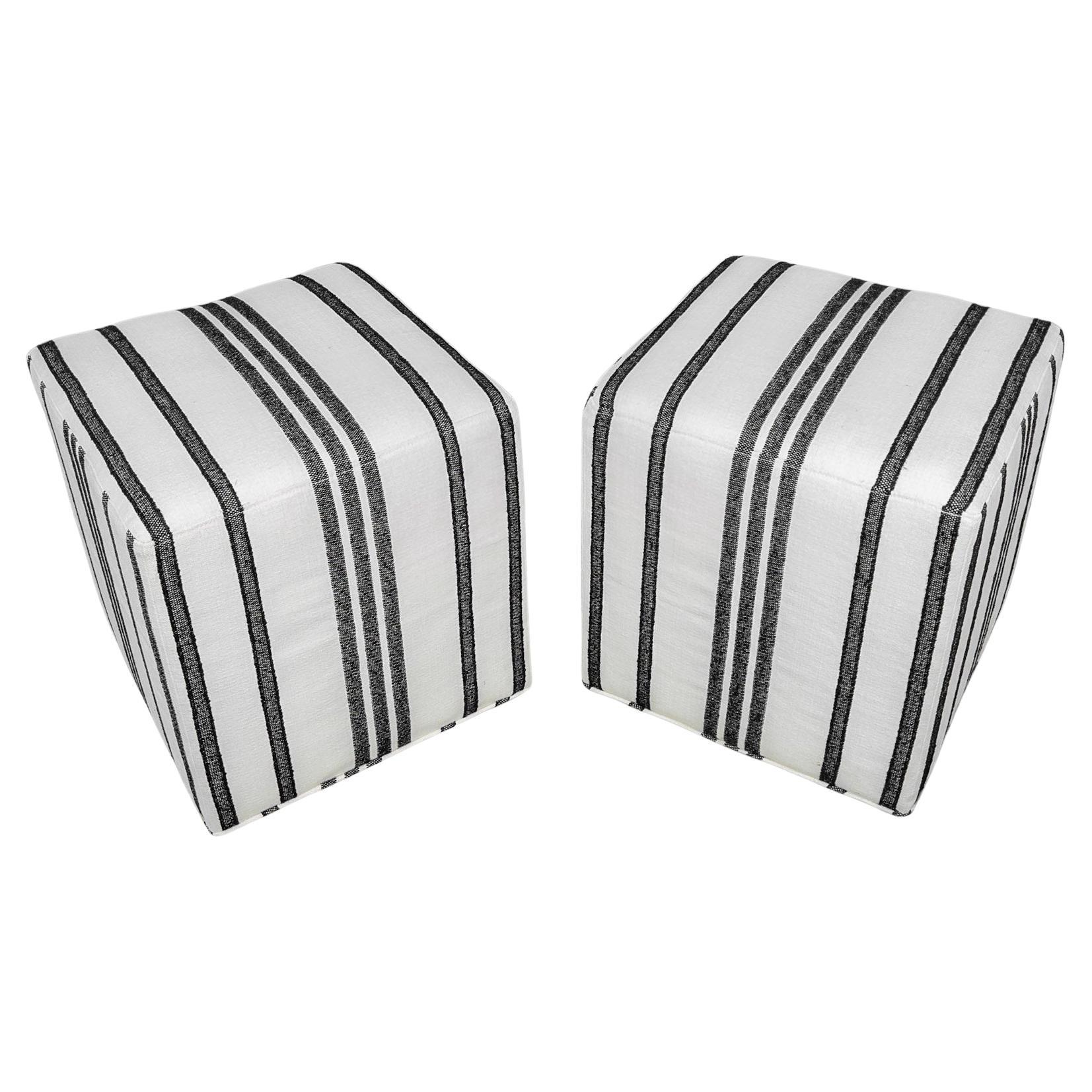 Pair of Heavy Weight Grain Sack Cloth Fabric Cube Ottomans For Sale