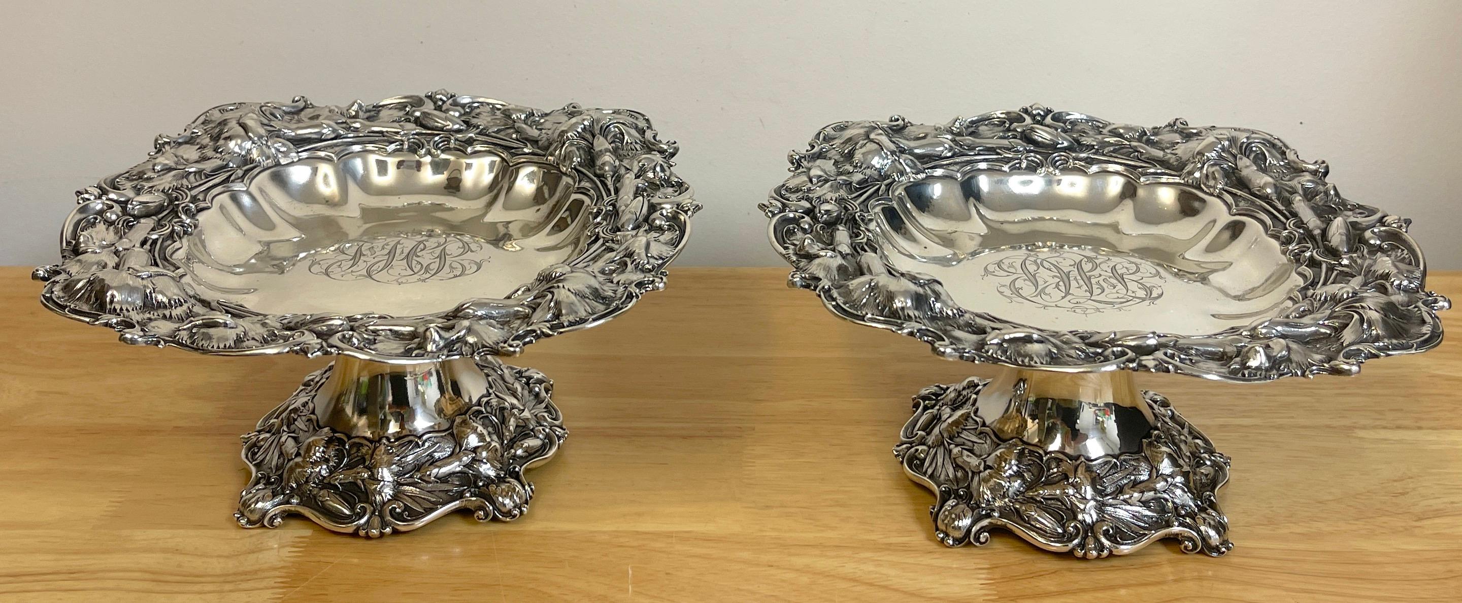 Pair of Heavy Whiting Sterling Iris Motif Compotes For Sale at 1stDibs
