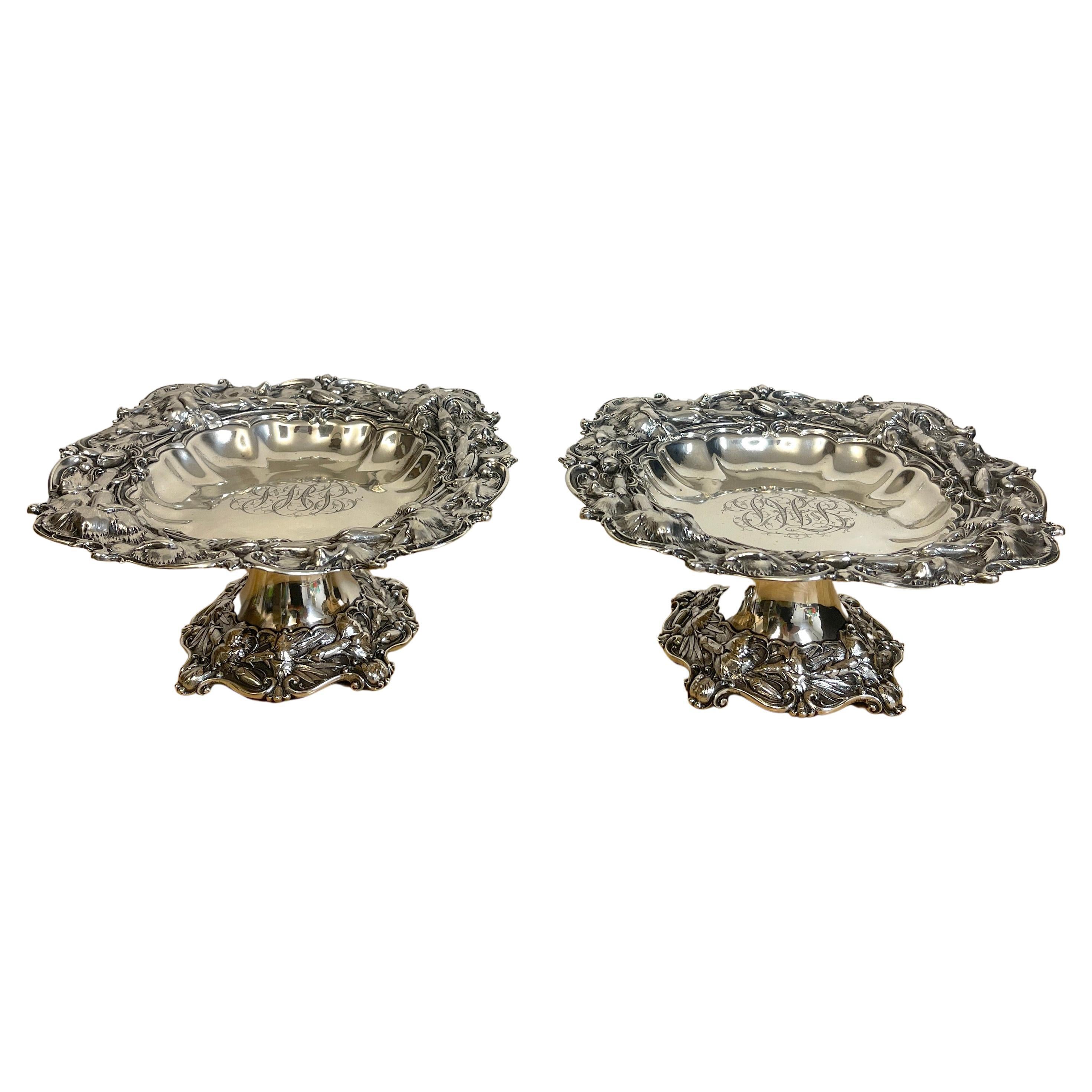 Pair of Heavy Whiting Sterling Iris Motif Compotes For Sale at 1stDibs