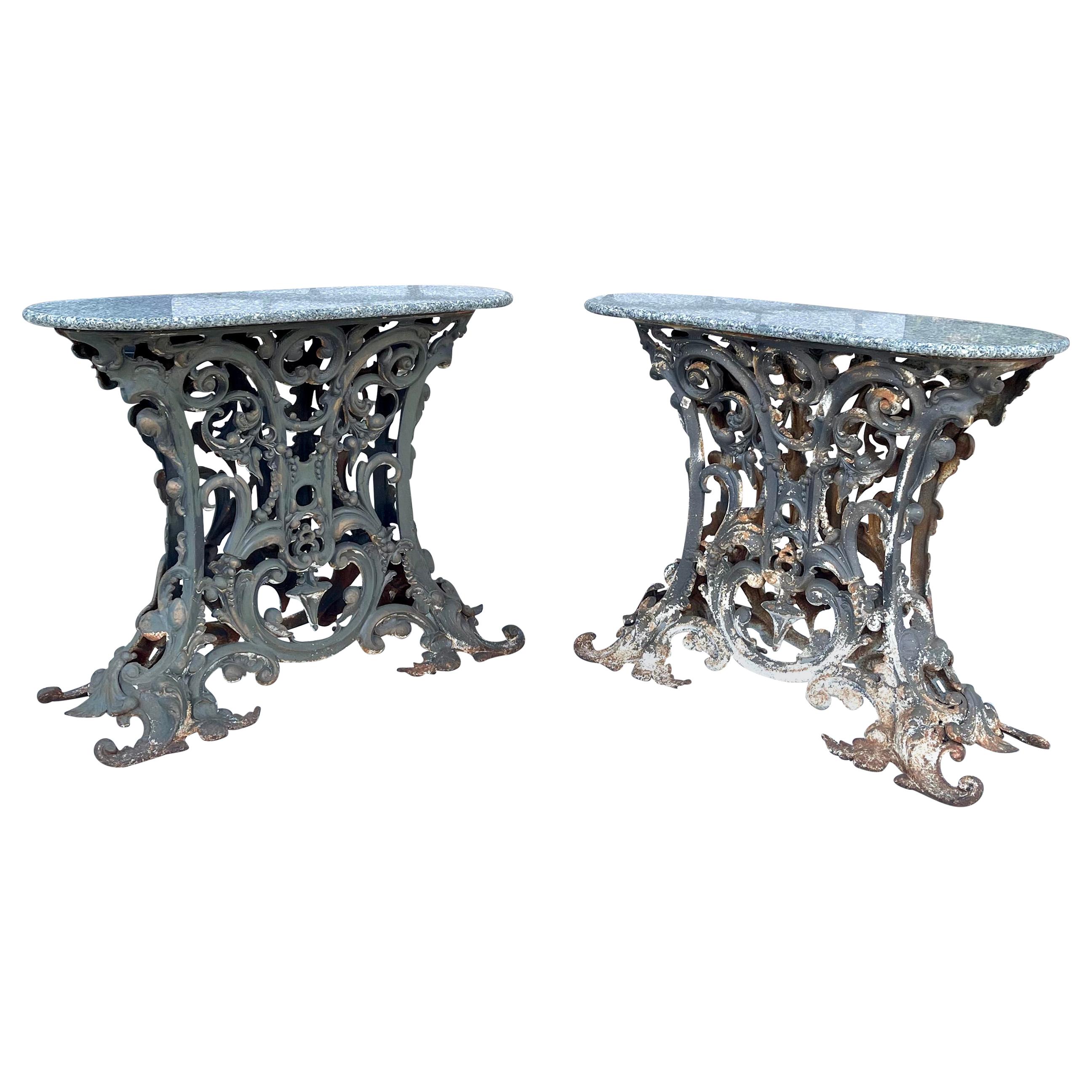 Pair of Heavy Wrought Iron Oval Console Tables, France, 1880 For Sale