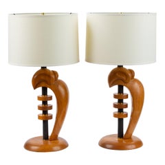 Pair of Heifetz-Style Sculpted Oak and Brass Lamps