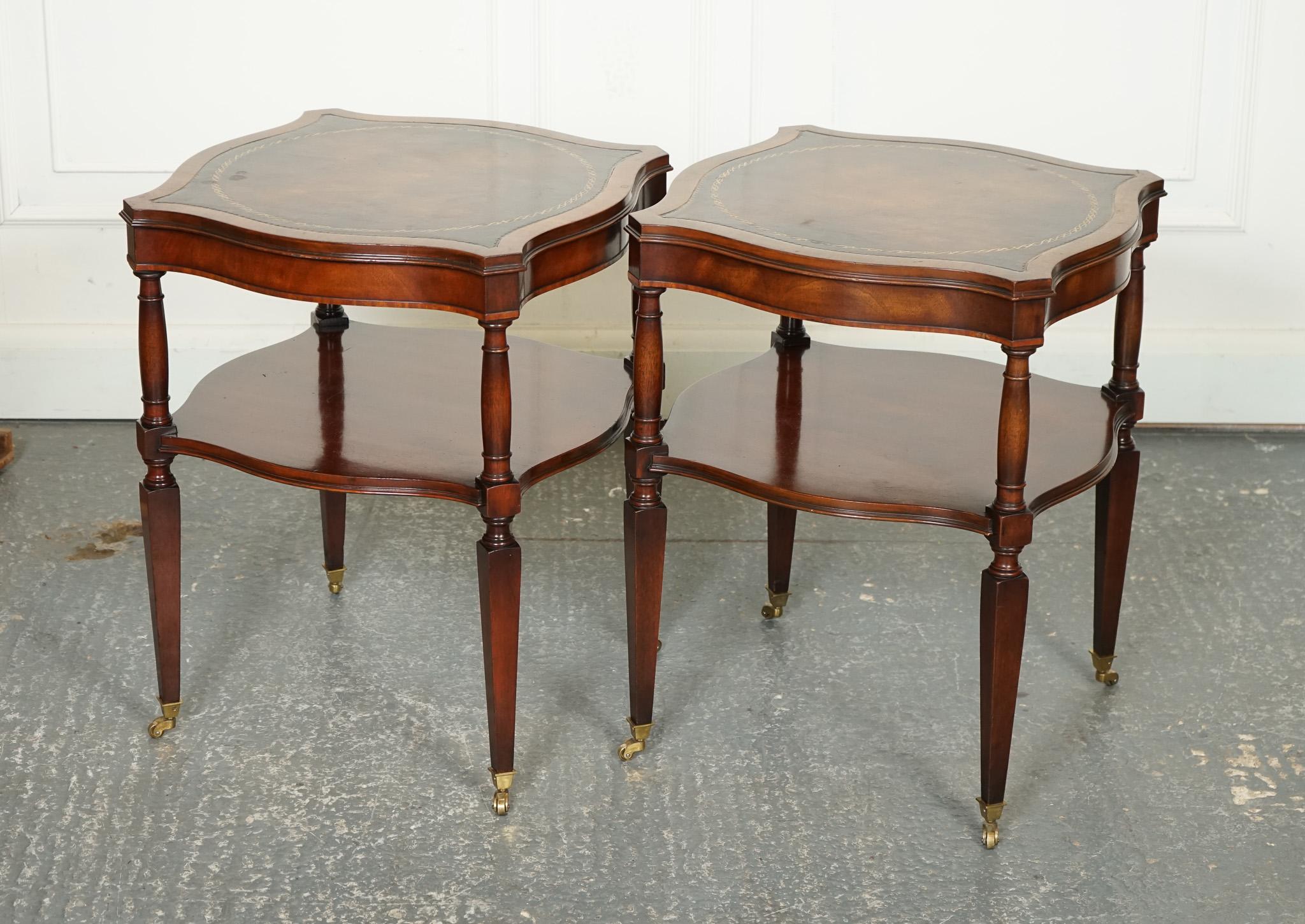 
We are delighted to offer for sale these Vintage Heirloom Weiman Hand Dyed Leather Top Side Tables on Castors.

 A stunning and unique addition to any room. These side tables exude timeless elegance and old-world charm, making them the perfect