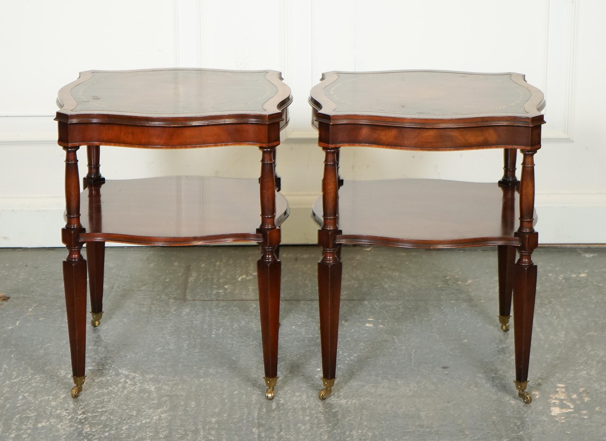 British PAIR OF HEIRLOOM WEIMAN HAND DYED LEATHER TOP SiDE TABLES ON CASTORS