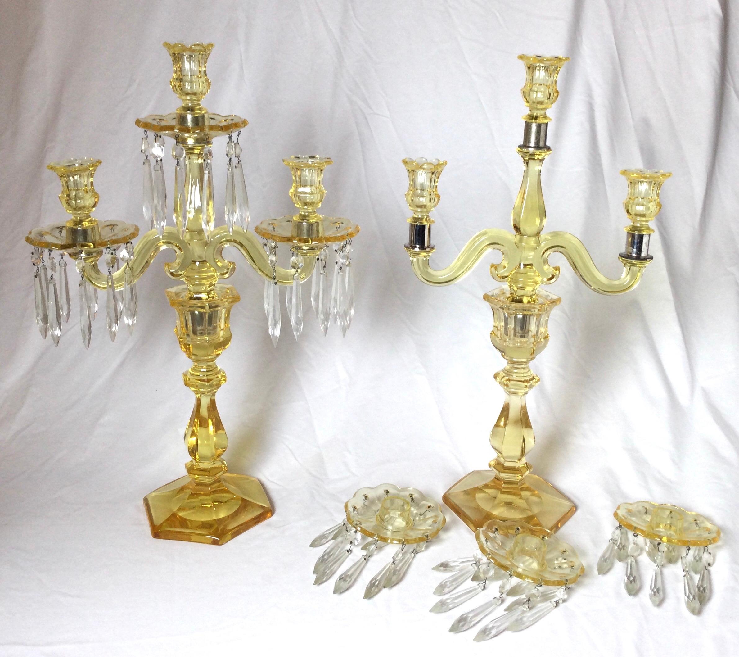 Pair of Heisy Canary Yellow Glass Candelabra In Excellent Condition In Lambertville, NJ