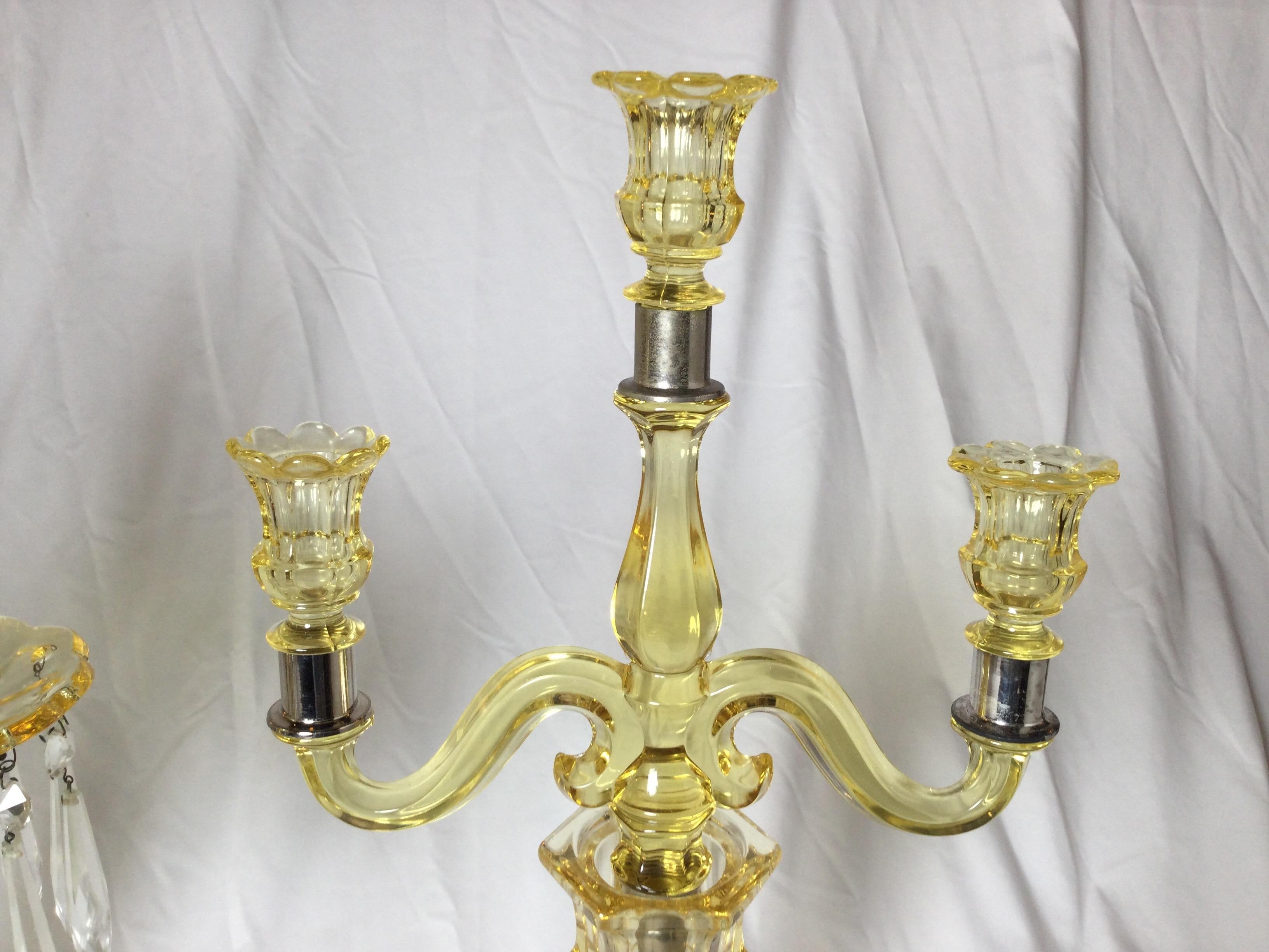 20th Century Pair of Heisy Canary Yellow Glass Candelabra