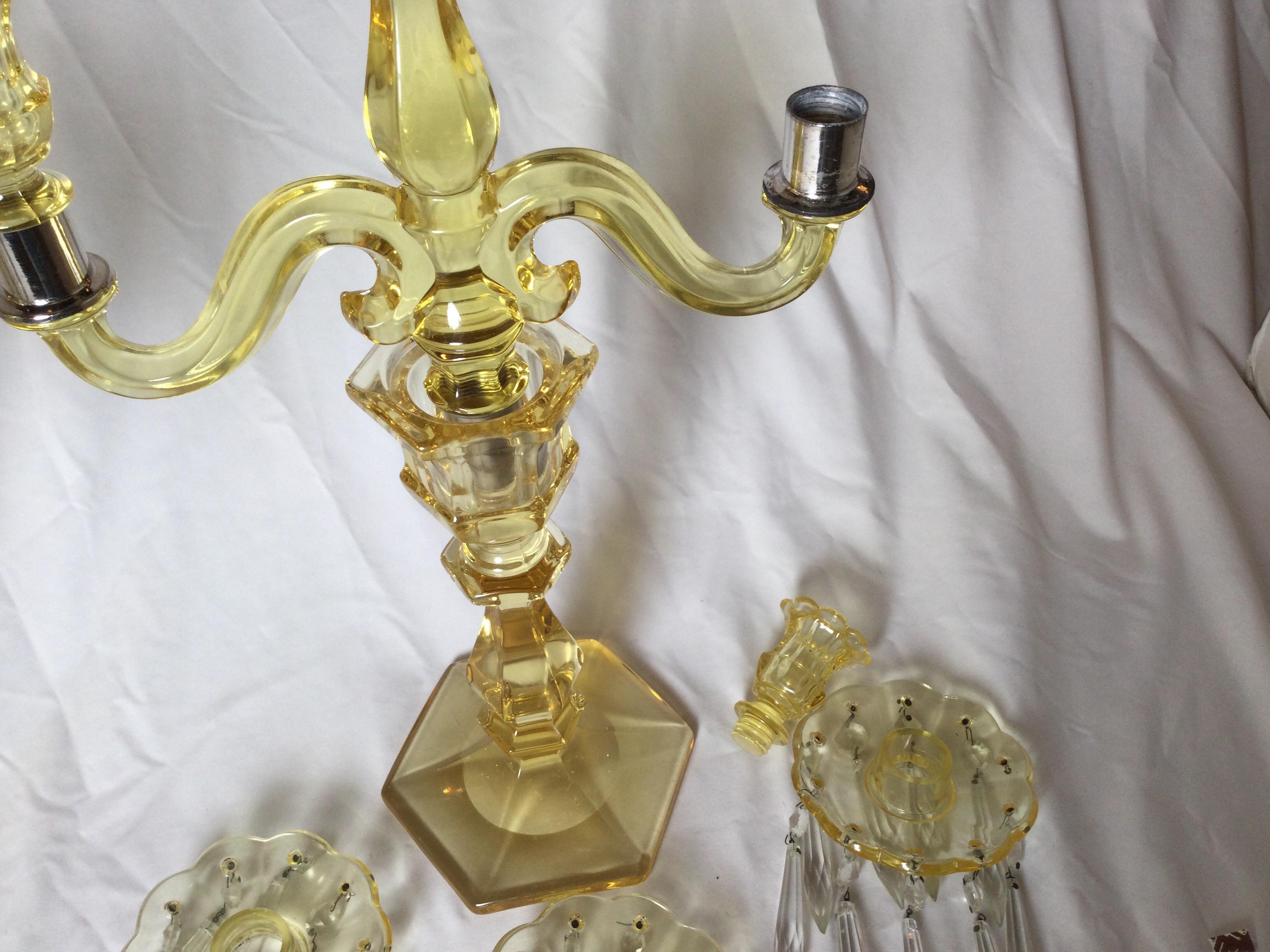 Pair of Heisy Canary Yellow Glass Candelabra 1