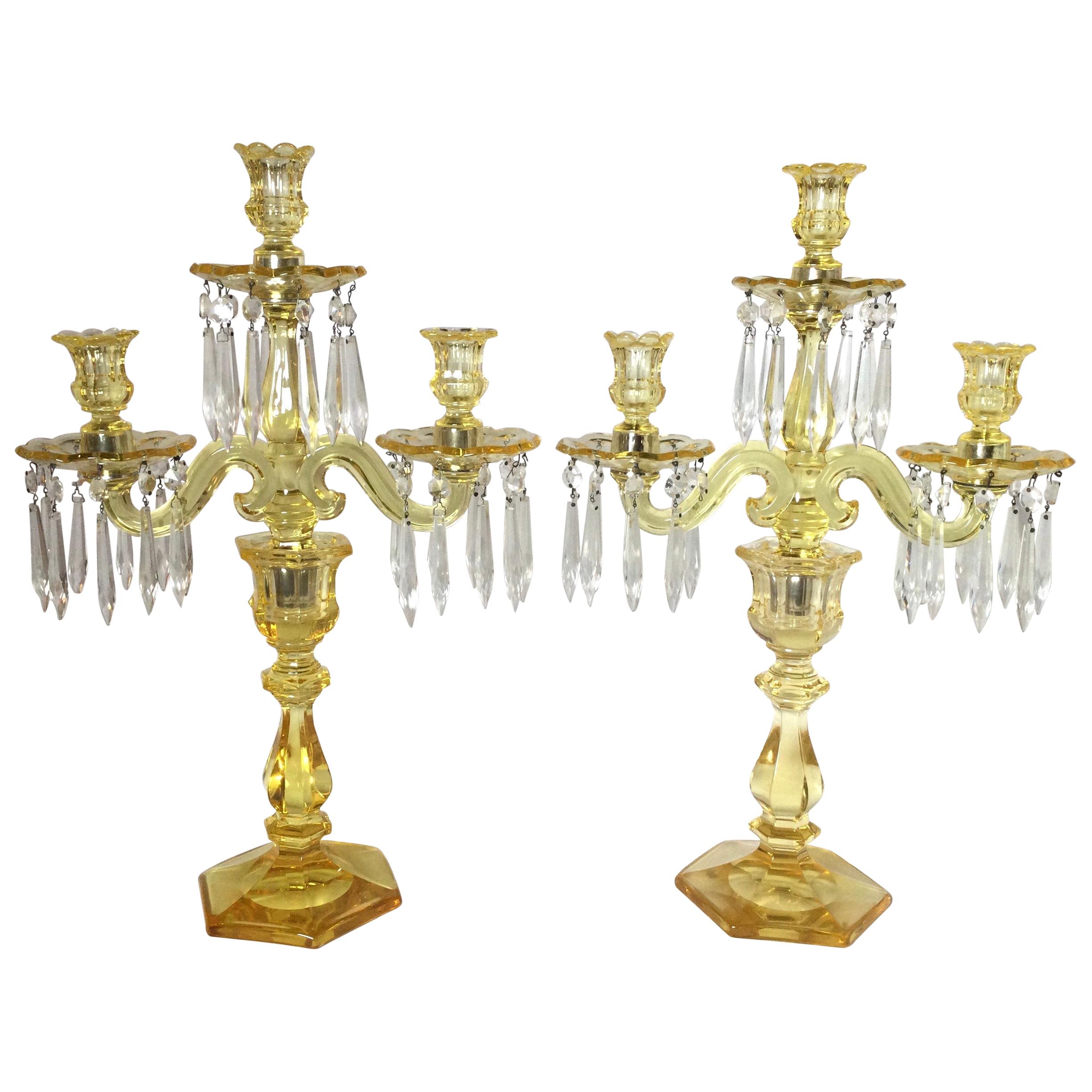 Pair of Heisy Canary Yellow Glass Candelabra