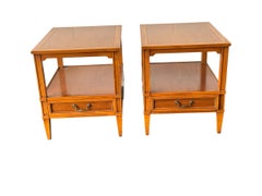 Pair of Hekman Mid-Century Modern Walnut End Tables with Drawer and Open Shelf