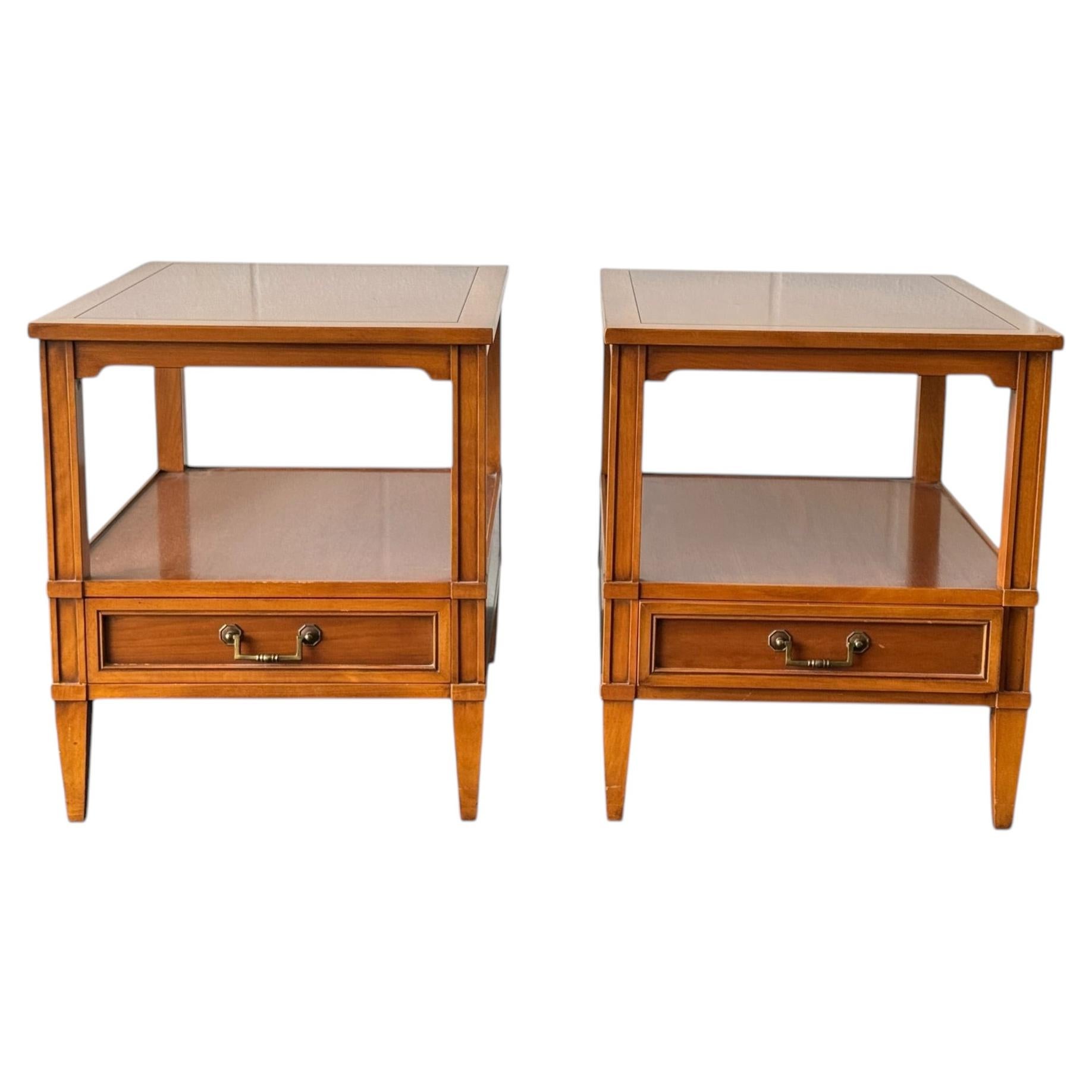 Pair of Hekman Mid-Century Modern Walnut End Tables with Drawer and Open Shelf For Sale