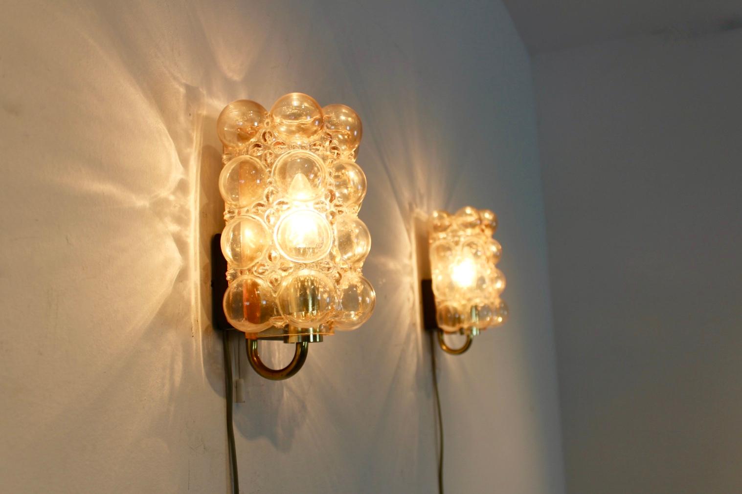 Pair of Helena Tynell Bubble Glass and Brass Sconces for Glashütte Limburg 5