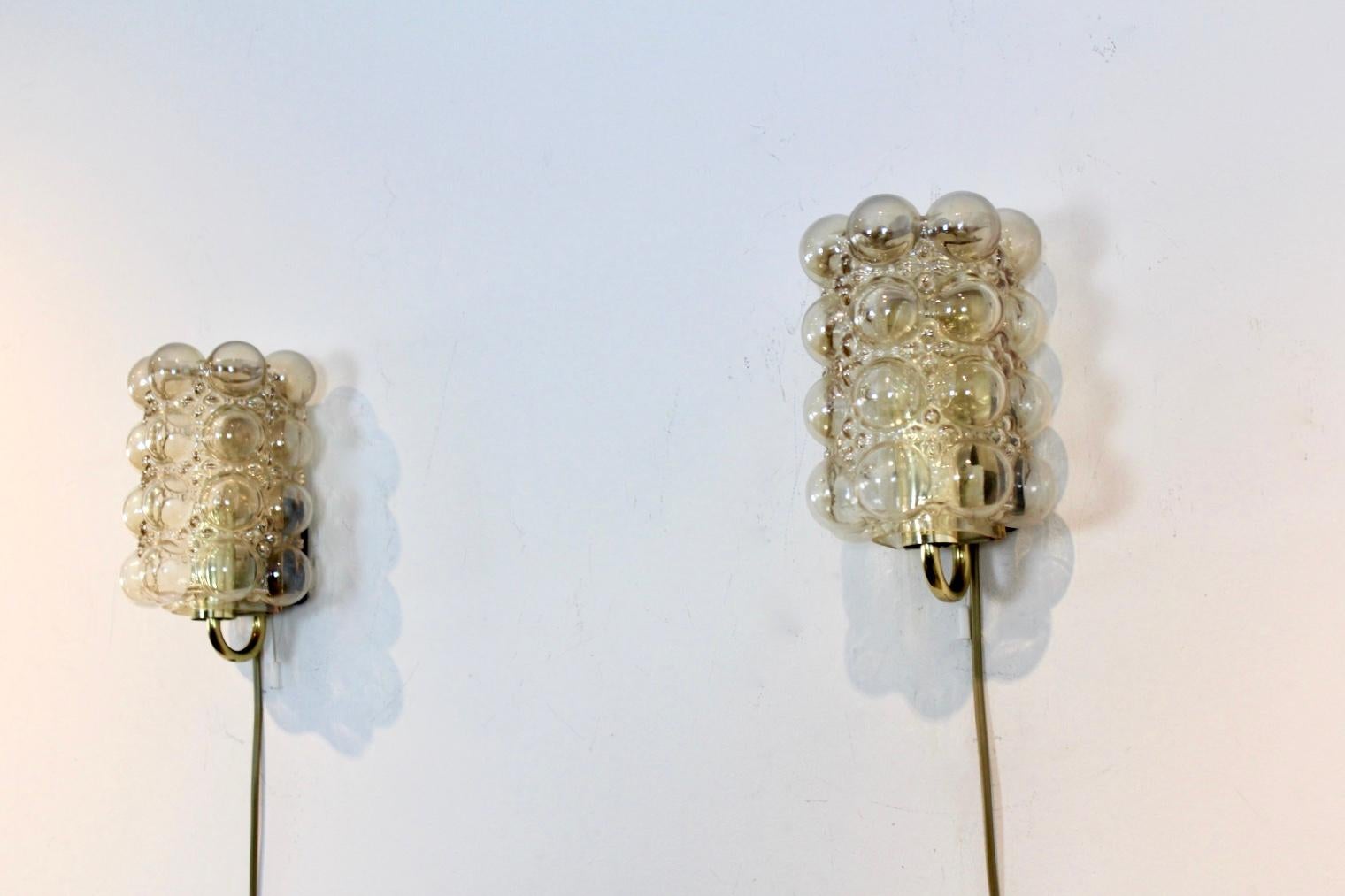 Mid-Century Modern Pair of Helena Tynell Bubble Glass and Brass Sconces for Glashütte Limburg