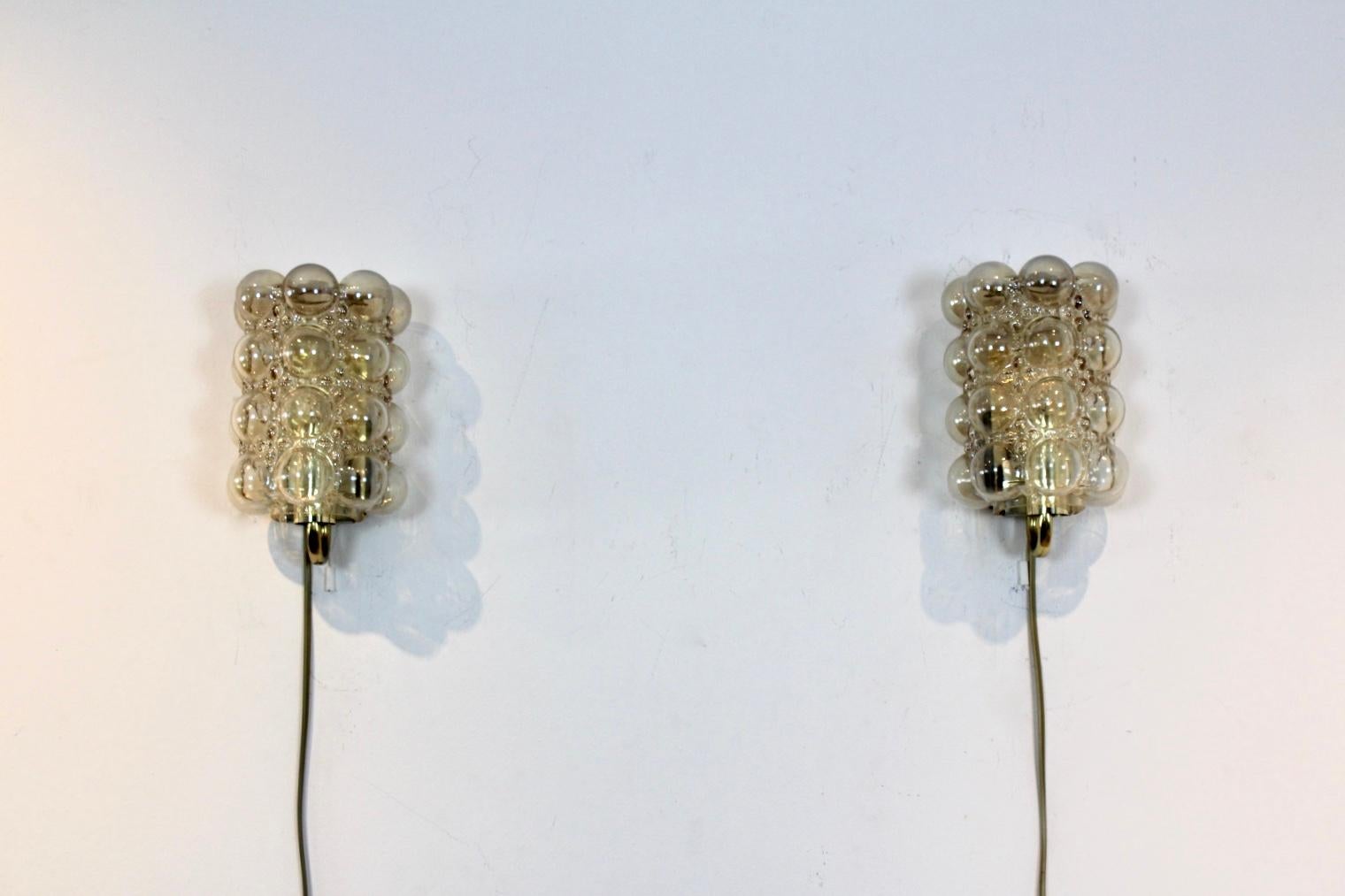 Pair of Helena Tynell Bubble Glass and Brass Sconces for Glashütte Limburg In Good Condition In Voorburg, NL