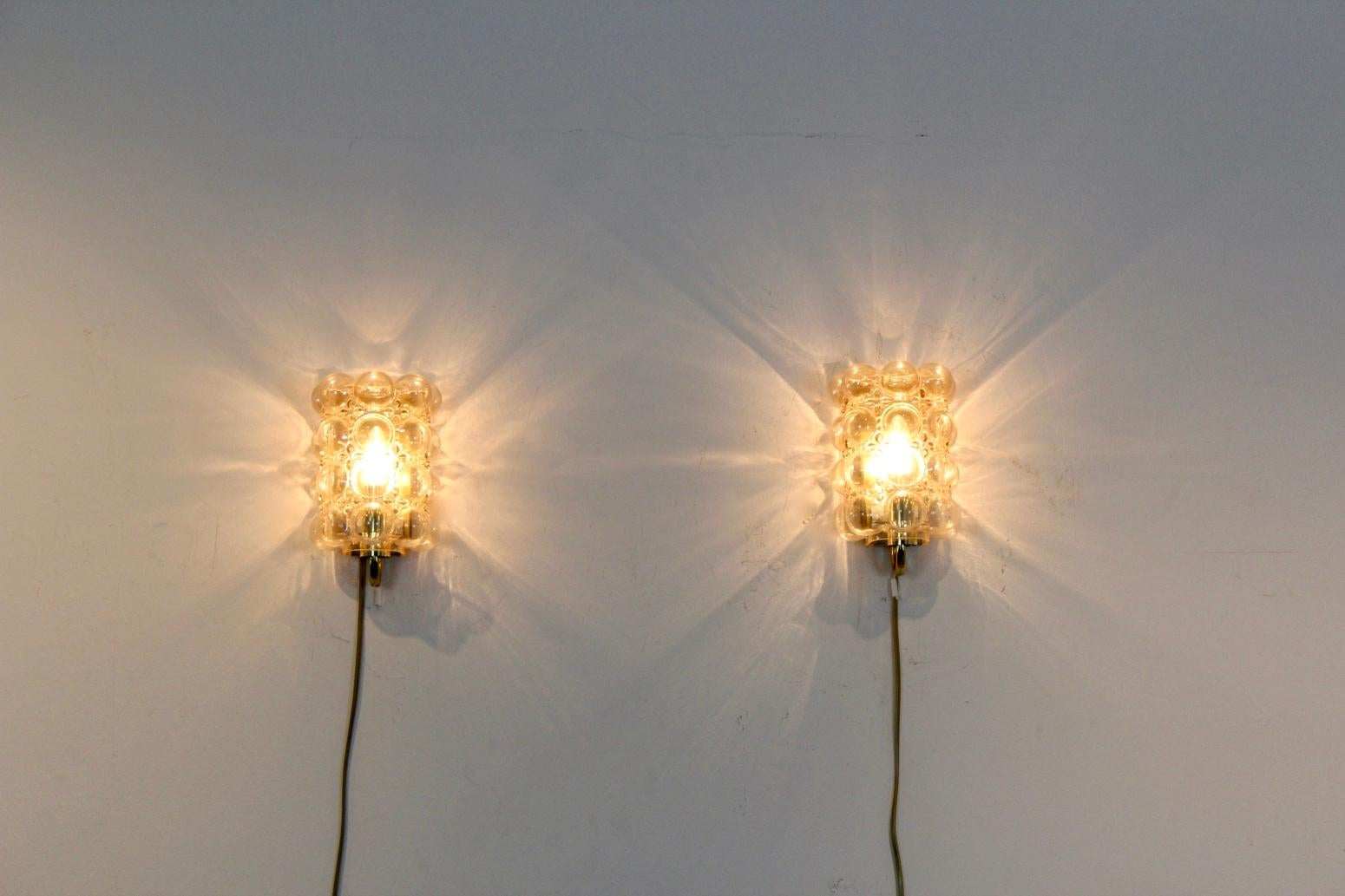 20th Century Pair of Helena Tynell Bubble Glass and Brass Sconces for Glashütte Limburg