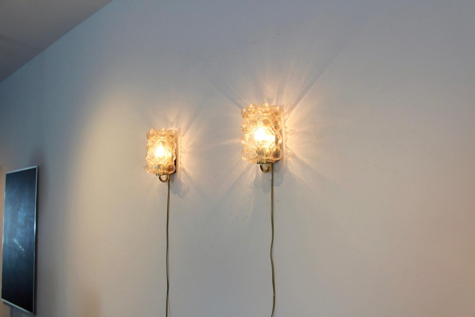 Pair of Helena Tynell Bubble Glass and Brass Sconces for Glashütte Limburg 1