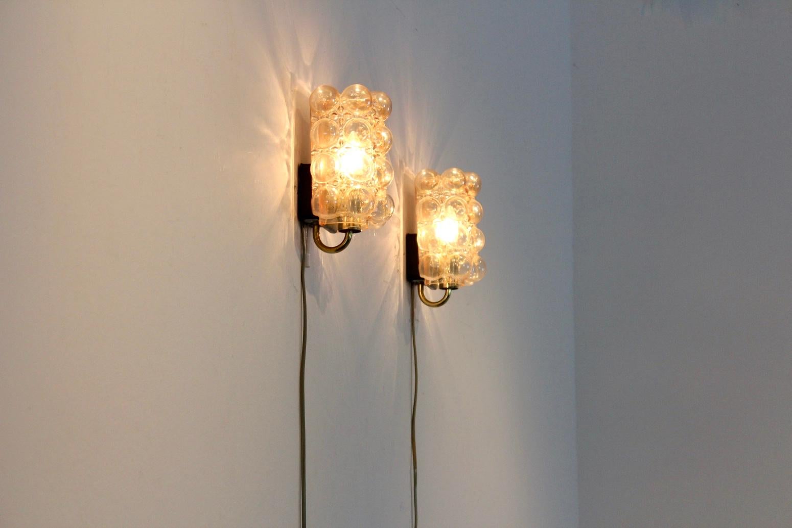 Pair of Helena Tynell Bubble Glass and Brass Sconces for Glashütte Limburg 2
