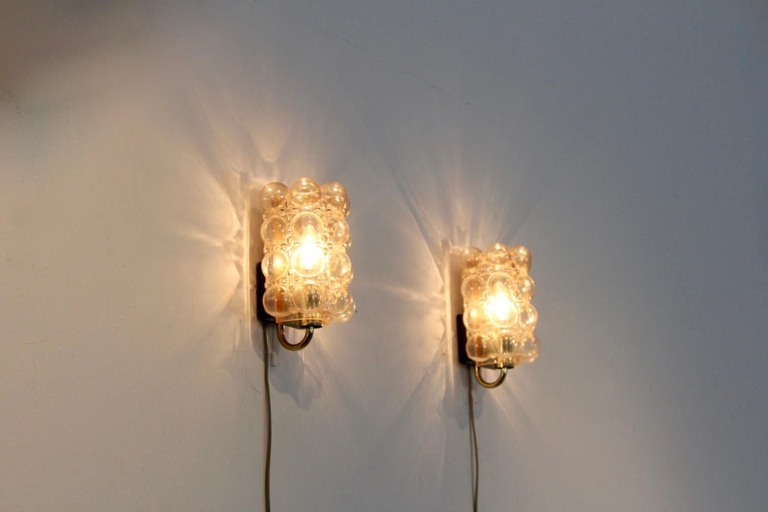 Pair of Helena Tynell Bubble Glass and Brass Sconces for Glashütte Limburg 3