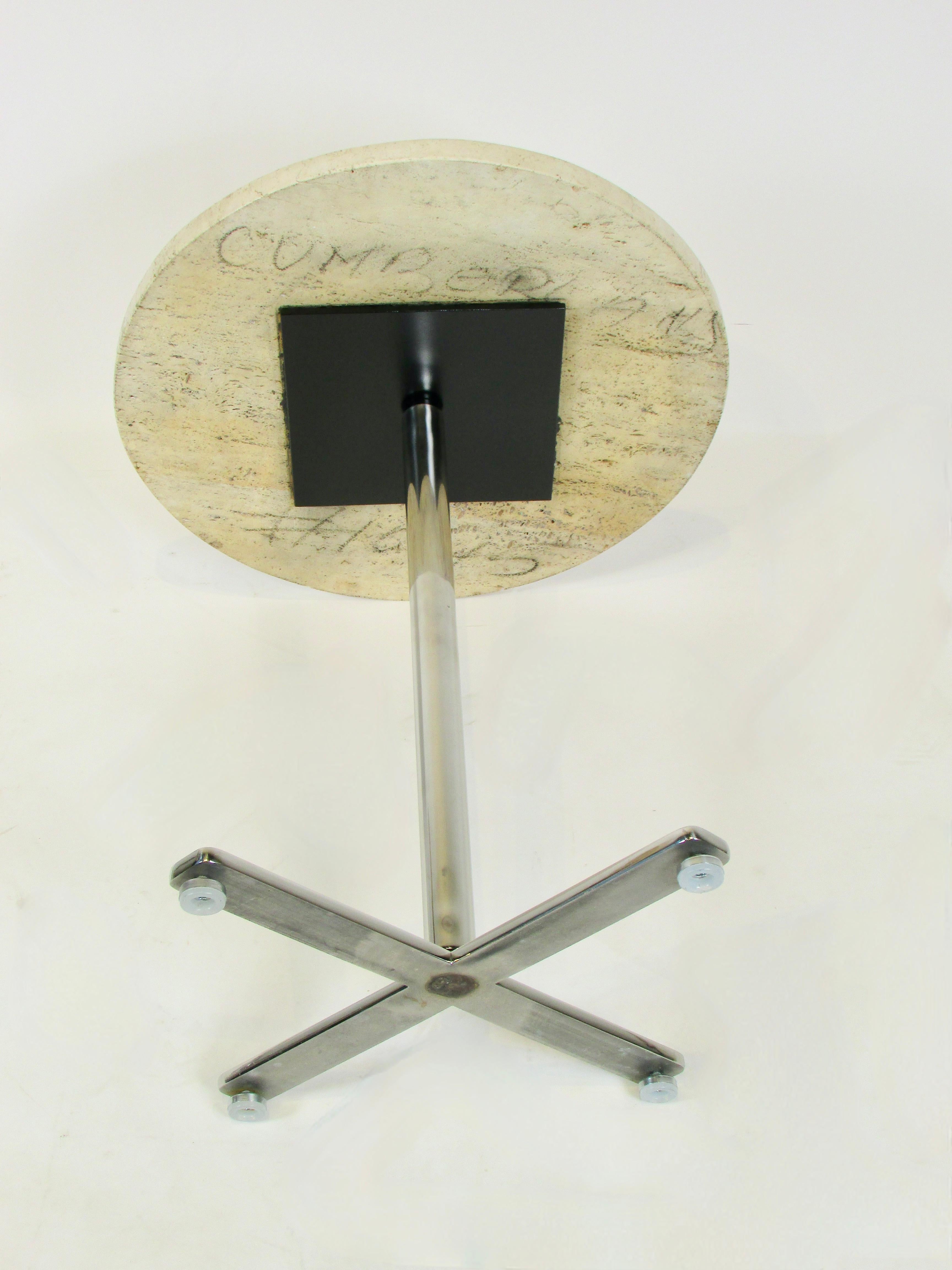 Pair of Helikon Open Grain Travertine Marble on Stainless Steel Base Tables For Sale 3