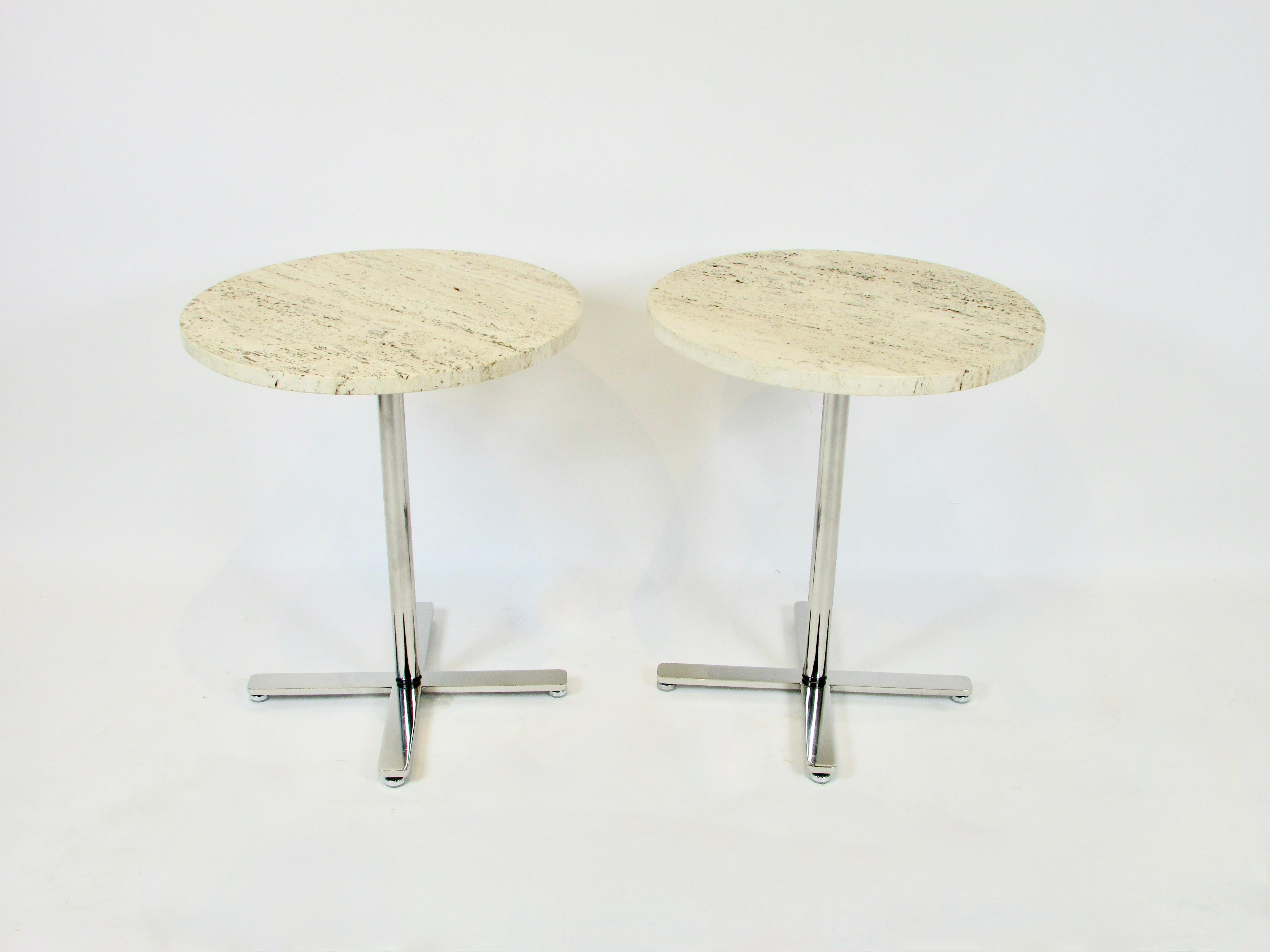 Pair of Helikon Open Grain Travertine Marble on Stainless Steel Base Tables For Sale 4
