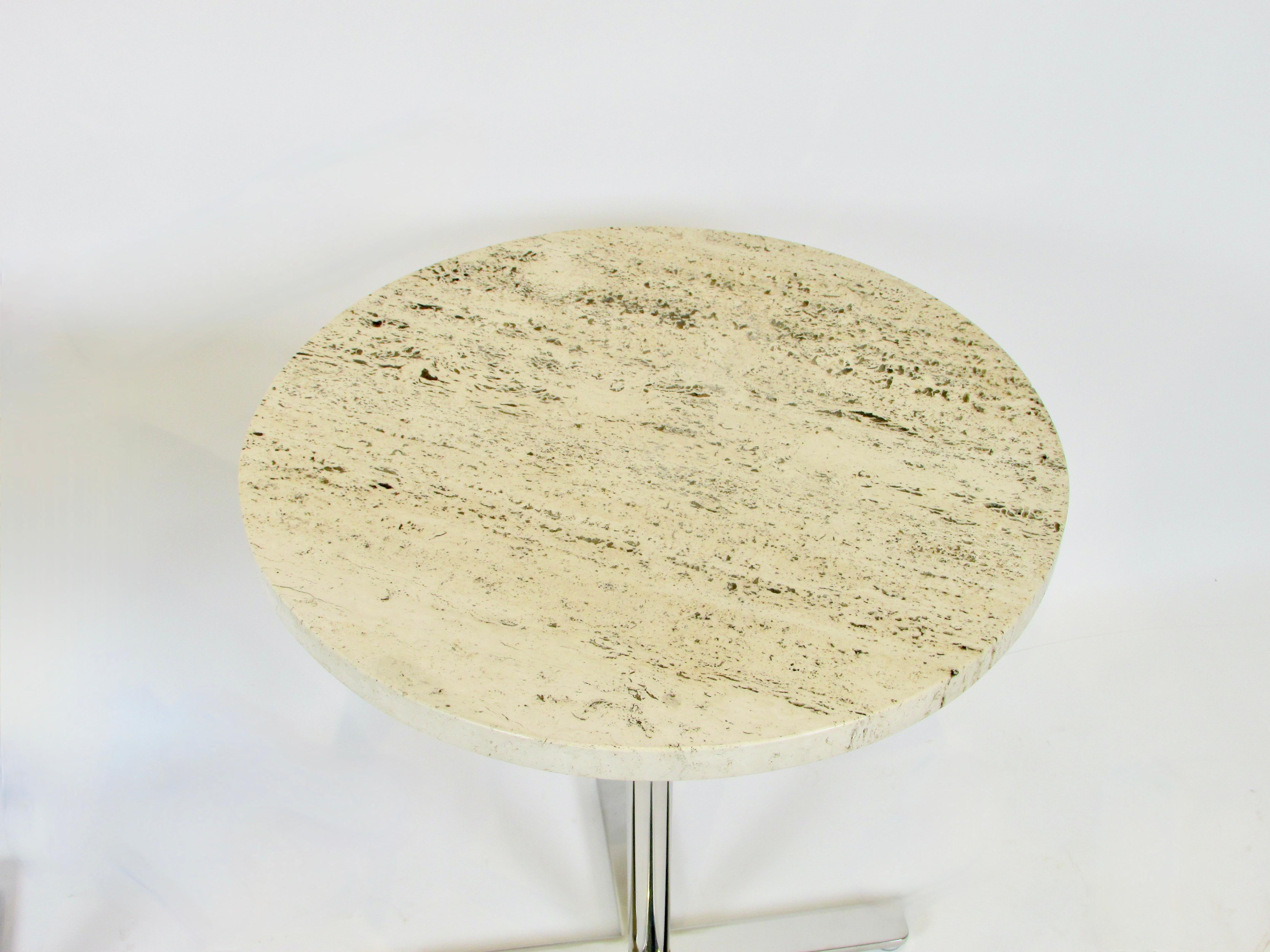 Mid-Century Modern Pair of Helikon Open Grain Travertine Marble on Stainless Steel Base Tables For Sale