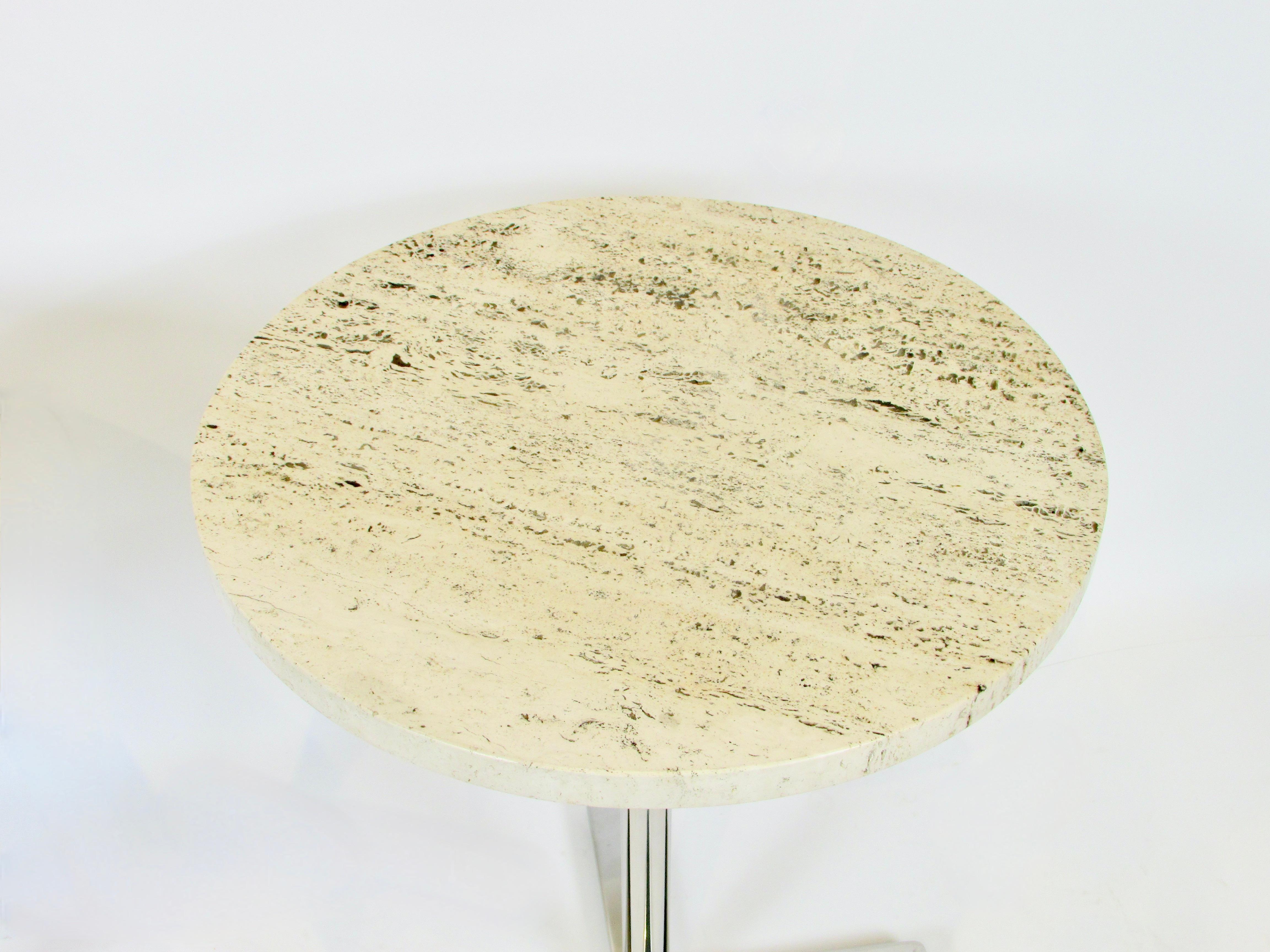 Polished Pair of Helikon Open Grain Travertine Marble on Stainless Steel Base Tables For Sale