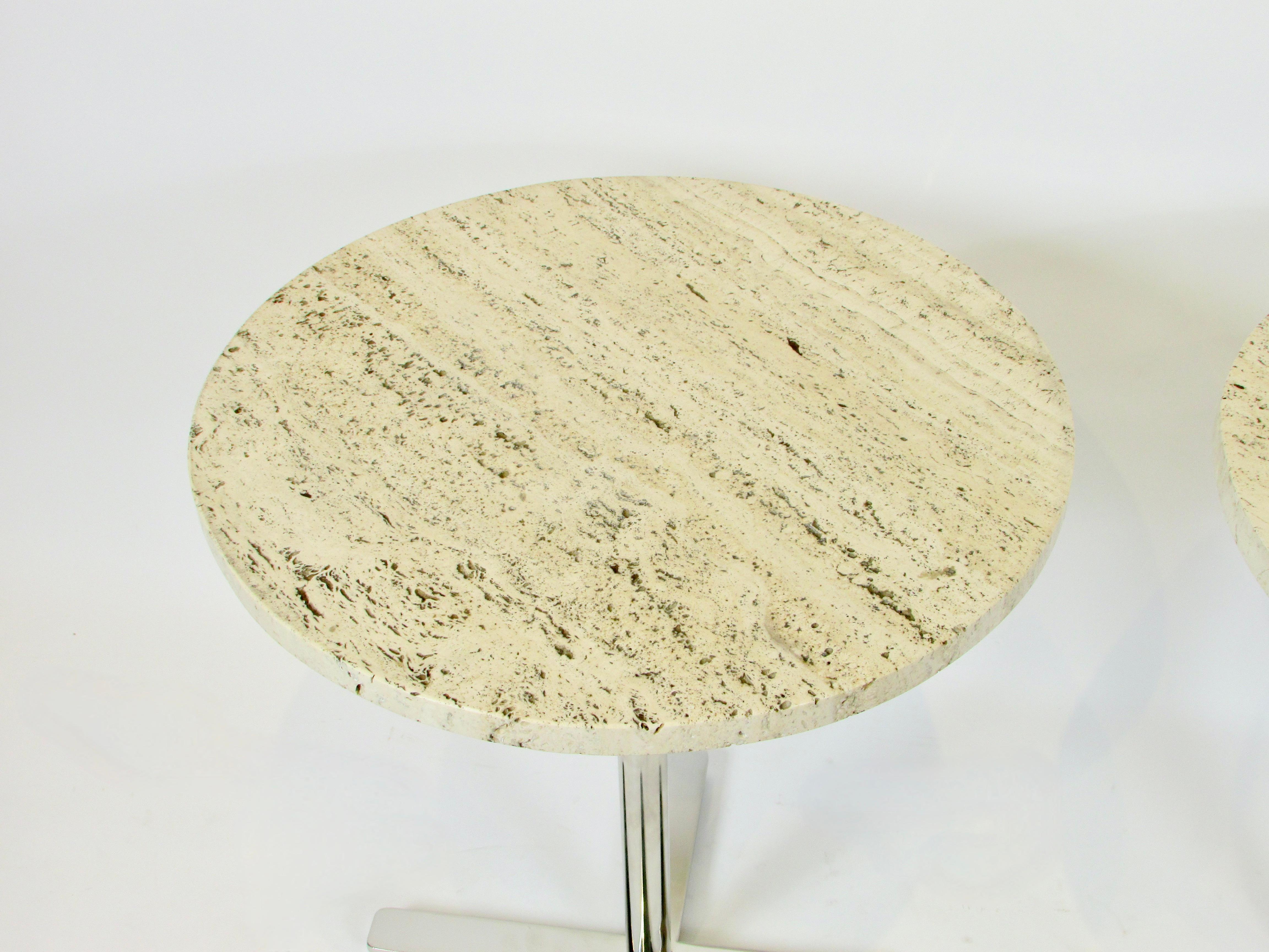 Pair of Helikon Open Grain Travertine Marble on Stainless Steel Base Tables In Good Condition For Sale In Ferndale, MI
