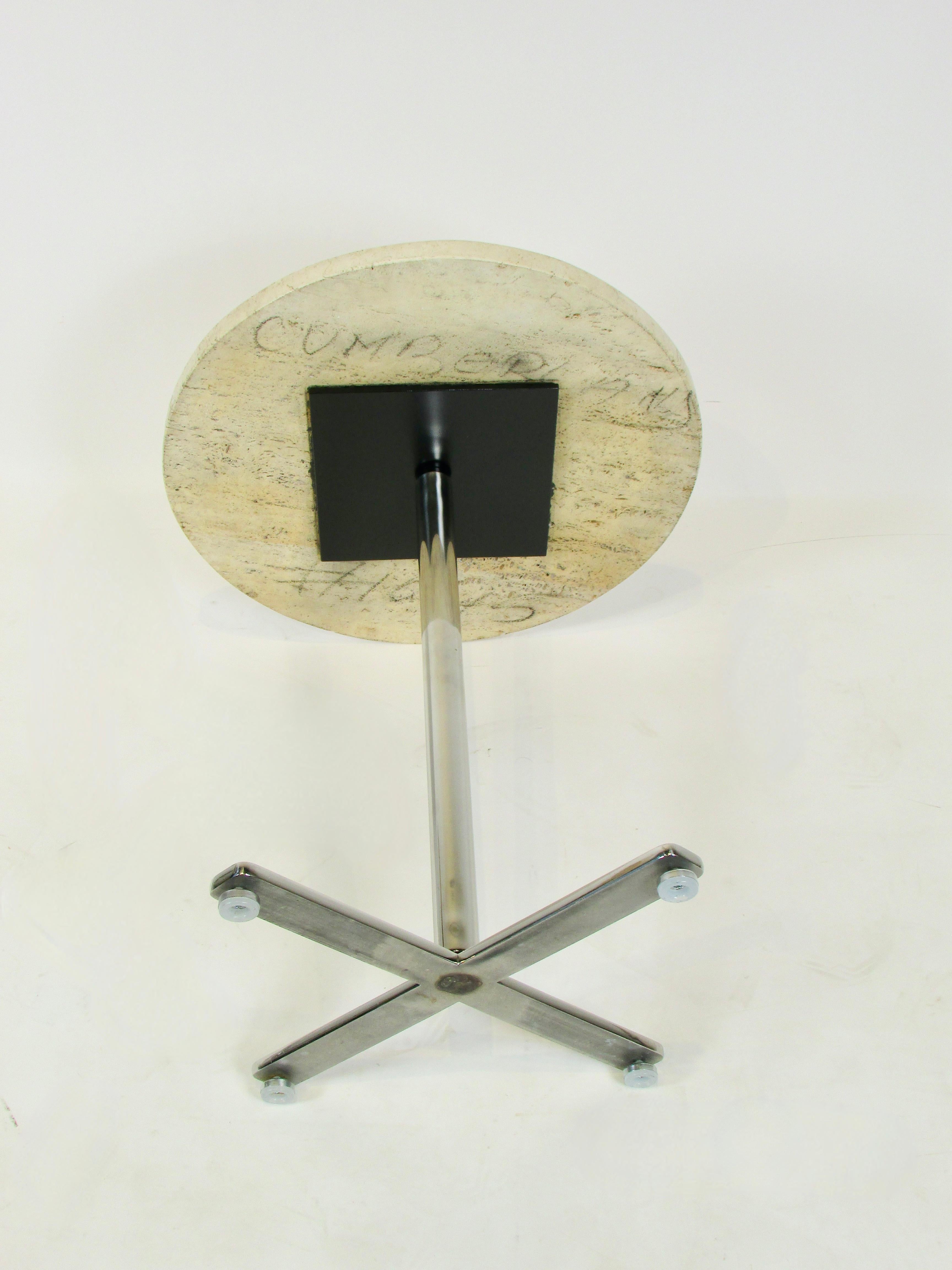 Pair of Helikon Open Grain Travertine Marble on Stainless Steel Base Tables For Sale 2
