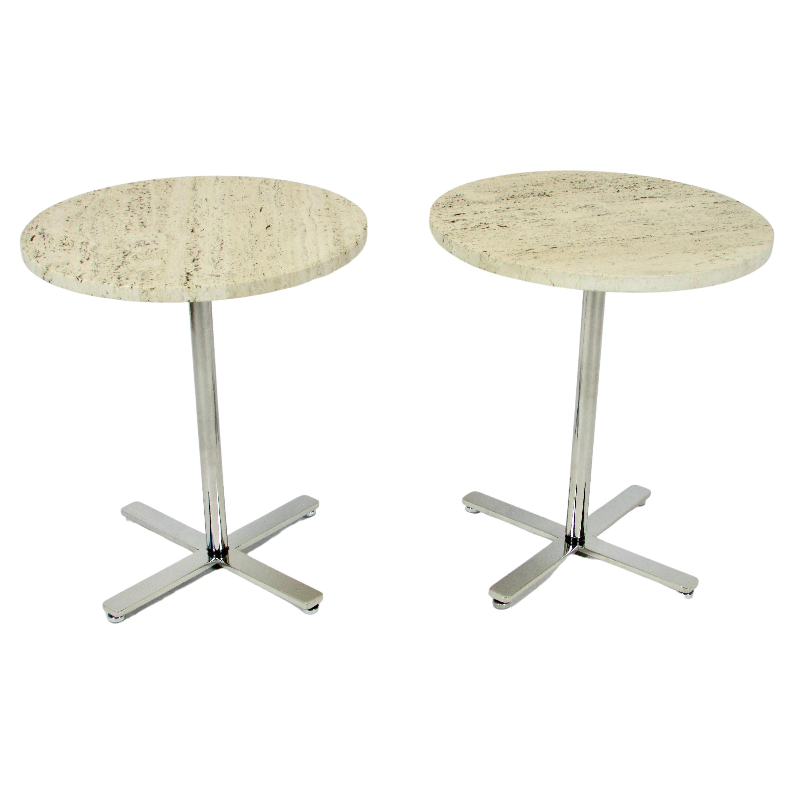Pair of Helikon Open Grain Travertine Marble on Stainless Steel Base Tables For Sale
