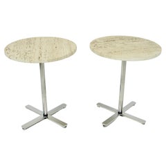 Pair of Helikon Open Grain Travertine Marble on Stainless Steel Base Tables