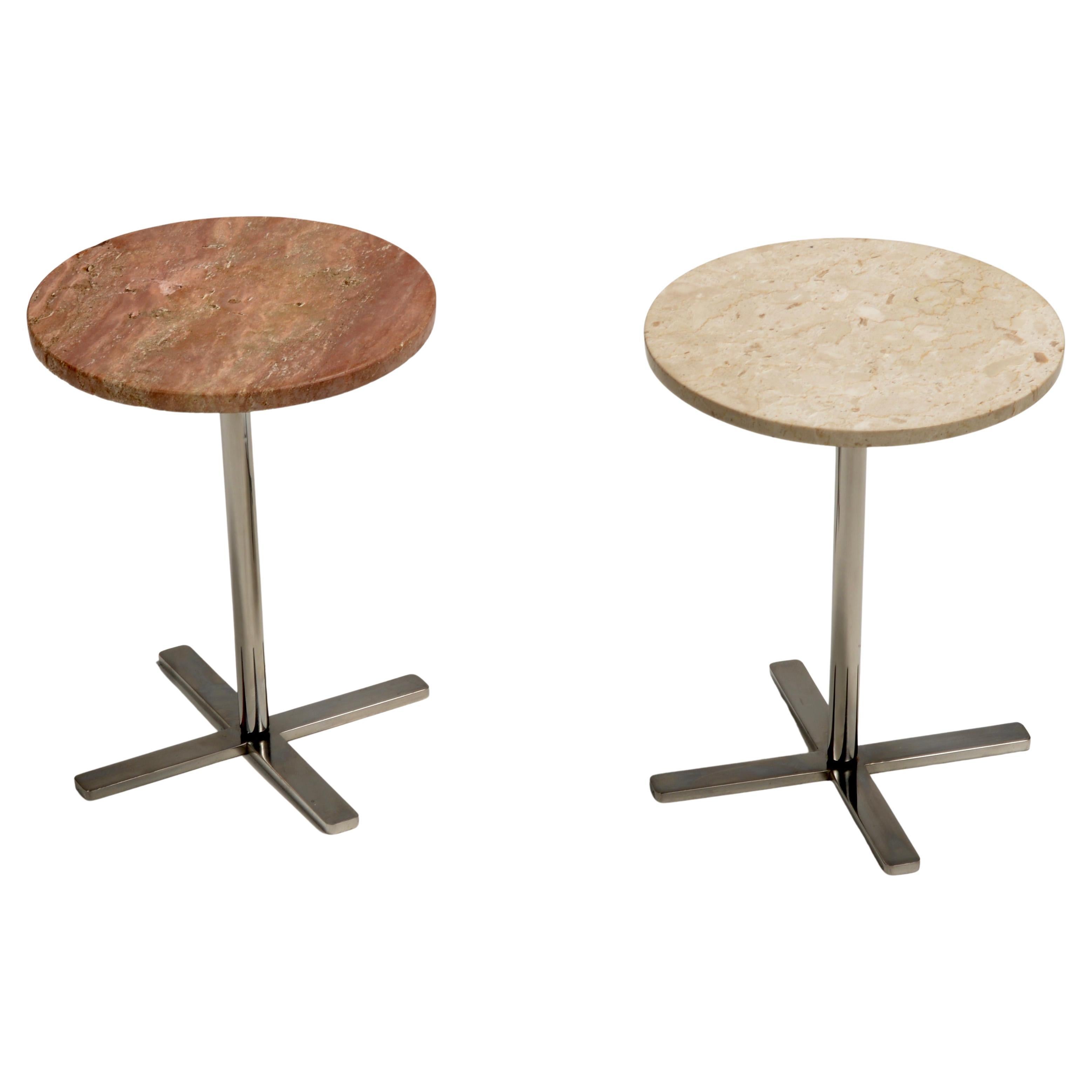 Pair of Helikon Open Grain Travertine Marble with Stainless Steel Base Tables
